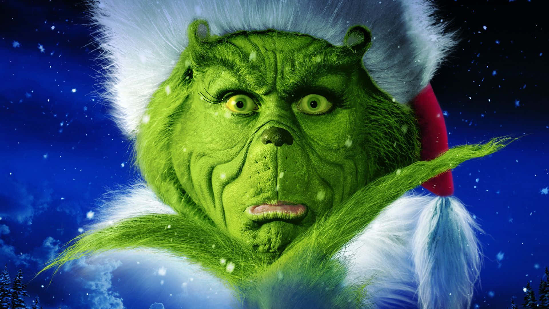 Grinch, Santa hat, snowy night sky, Full HD Desktop Wallpaper