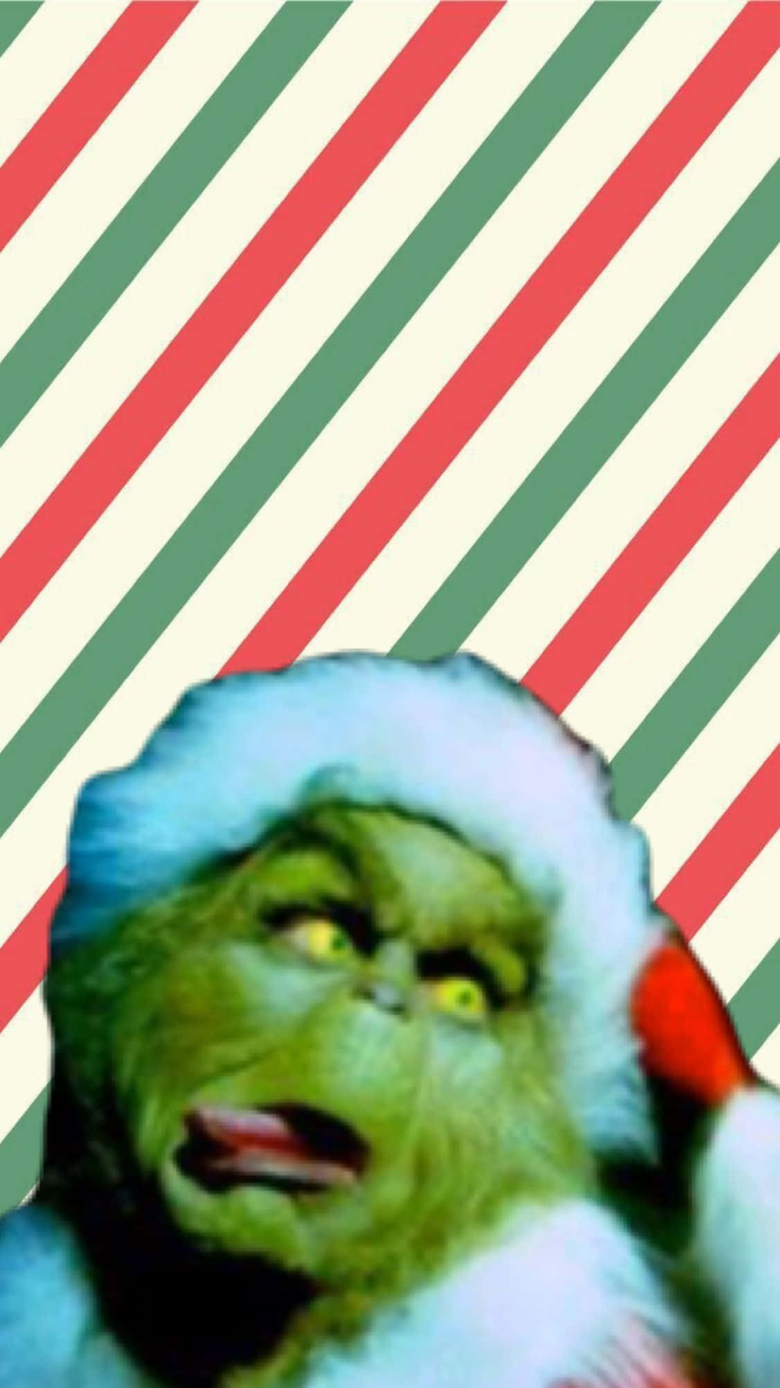 Grinch, Santa hat, red green white diagonal striped background, Full HD Phone Wallpaper