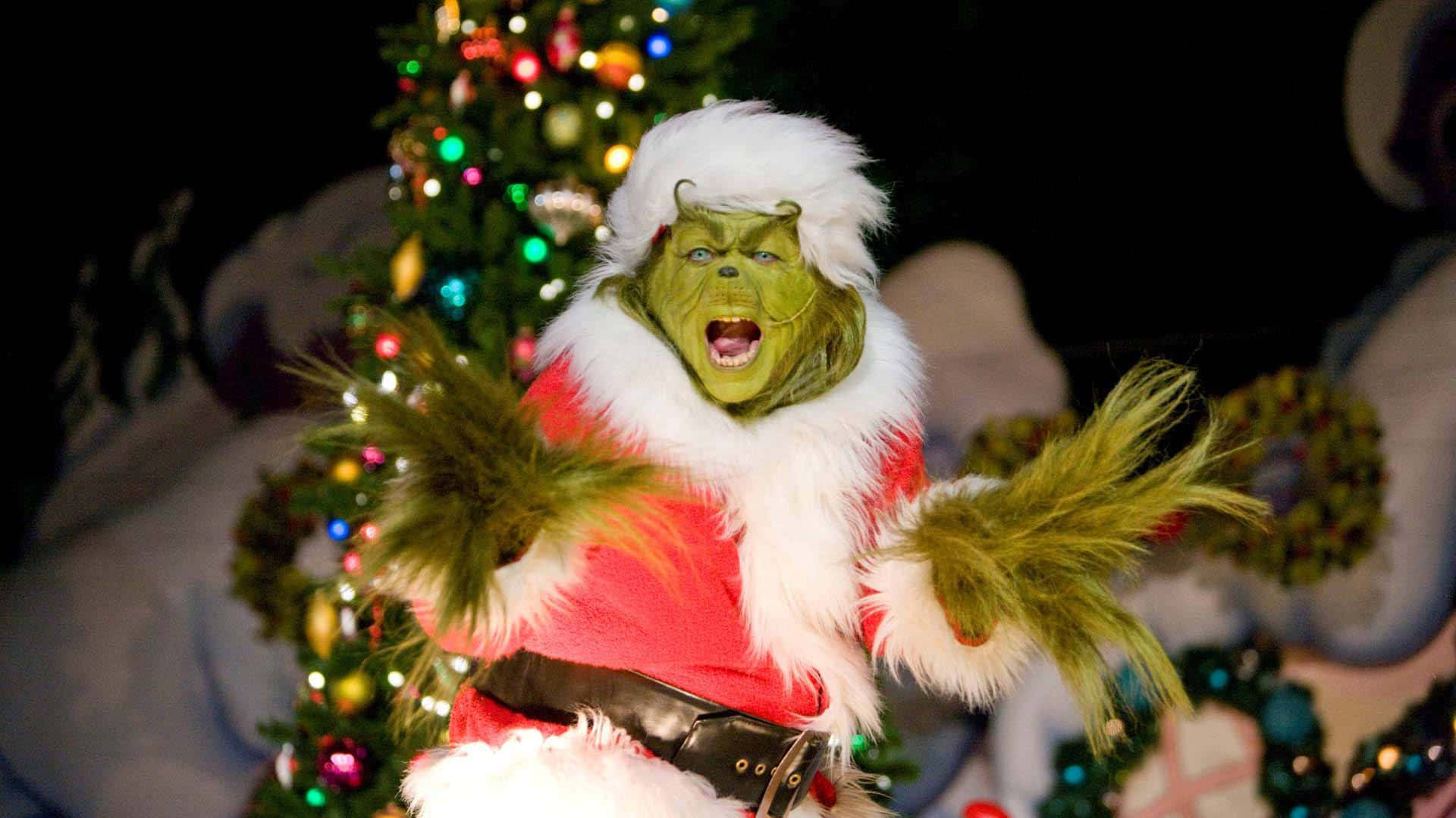 Grinch, red Santa suit, white fur trim, Full HD Desktop Wallpaper