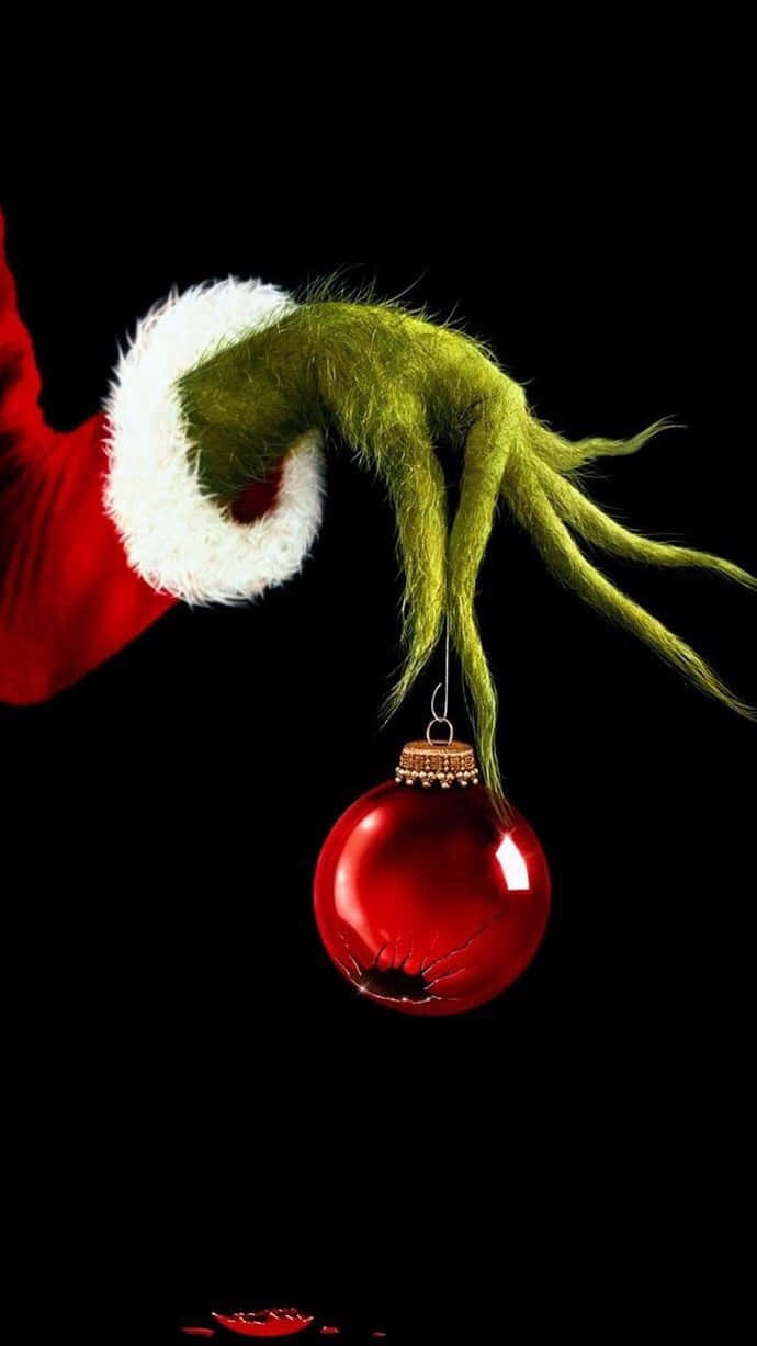 Grinch, red Santa hat, shiny red Christmas ornament, SD Phone Wallpaper