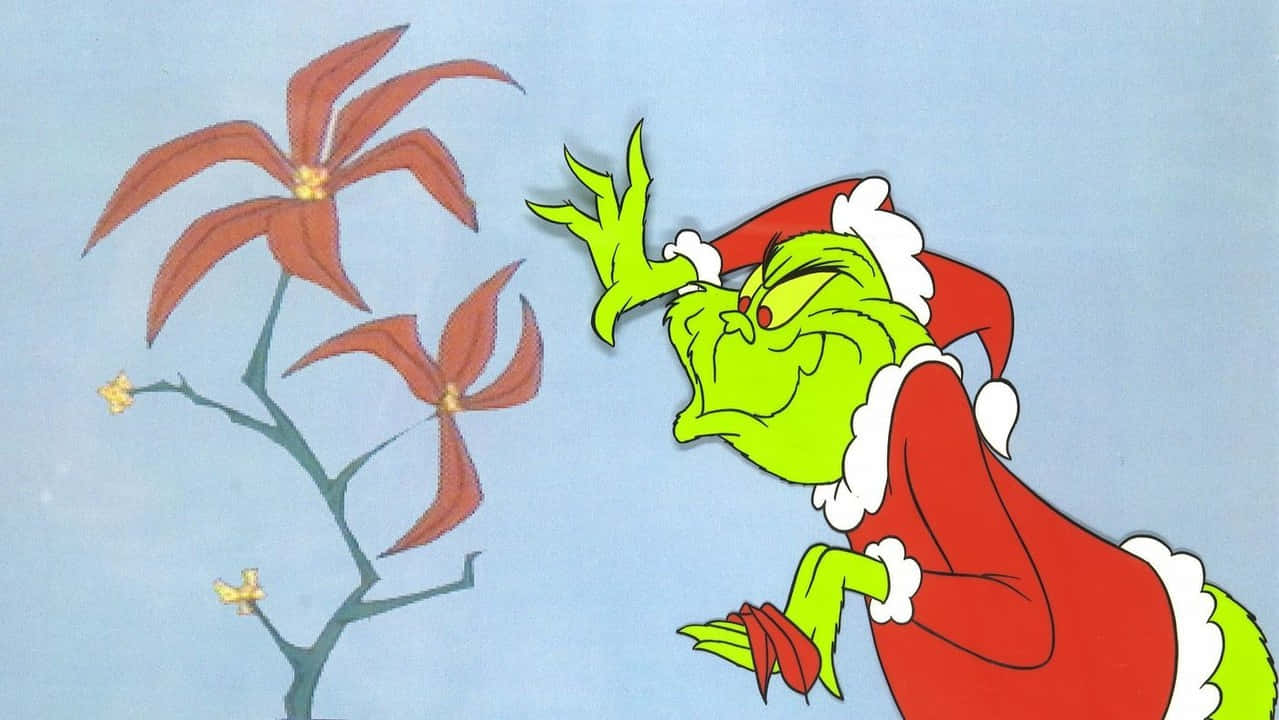 Grinch, red Santa suit, poinsettia plant, SD Desktop Wallpaper