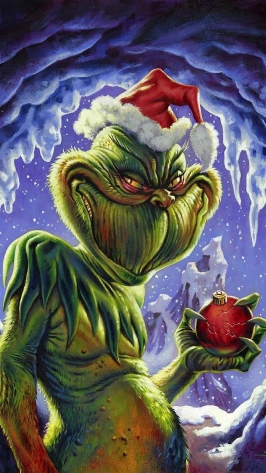 Grinch, red Santa hat, cracked red ornament, HD Phone Wallpaper