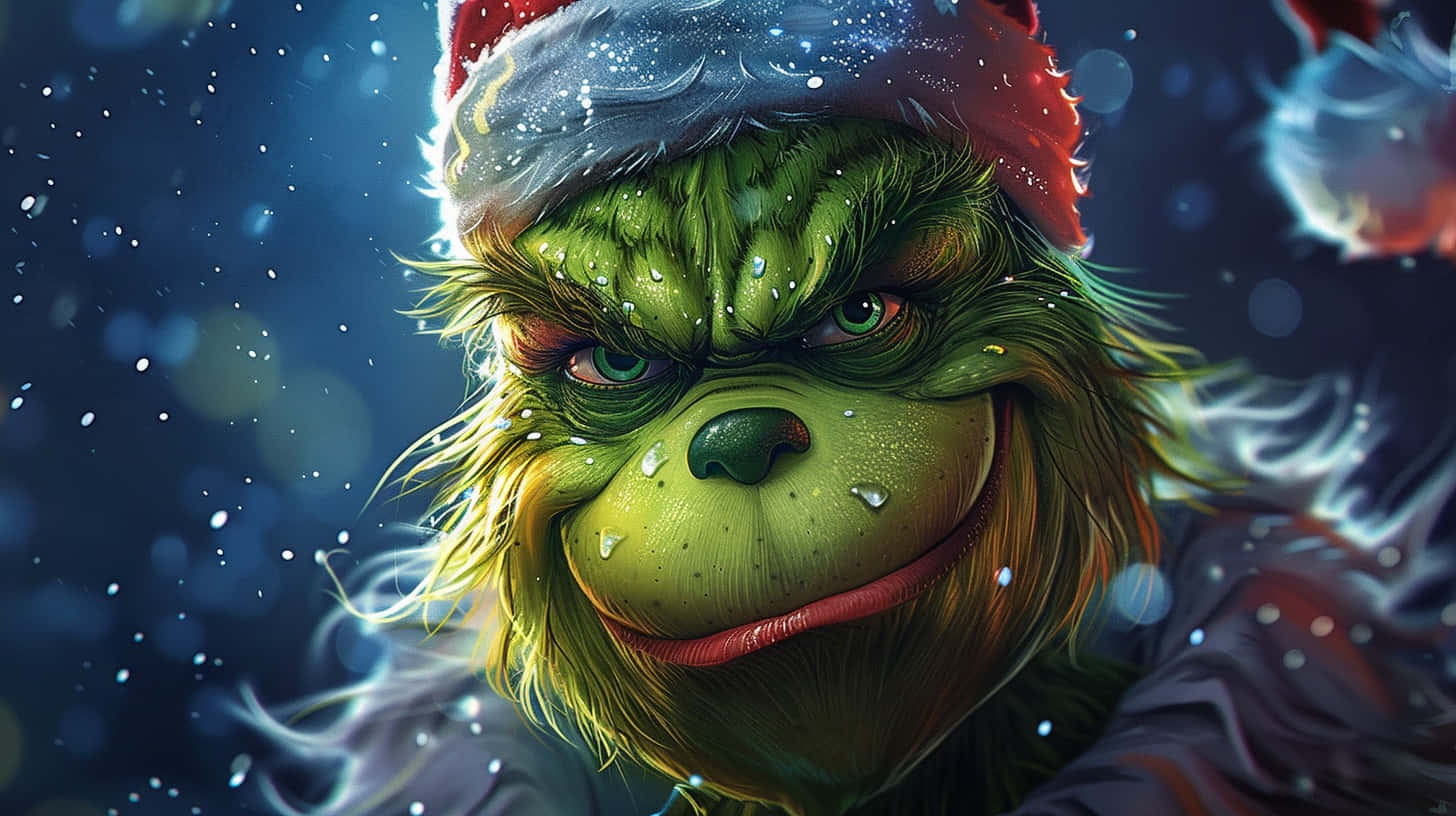 Grinch, snowy Santa hat, dark blue winter backdrop, HD Desktop Wallpaper