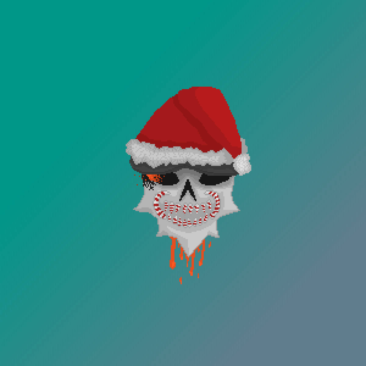pixelated skull, red Santa hat, candy cane teeth, SD Desktop Wallpaper