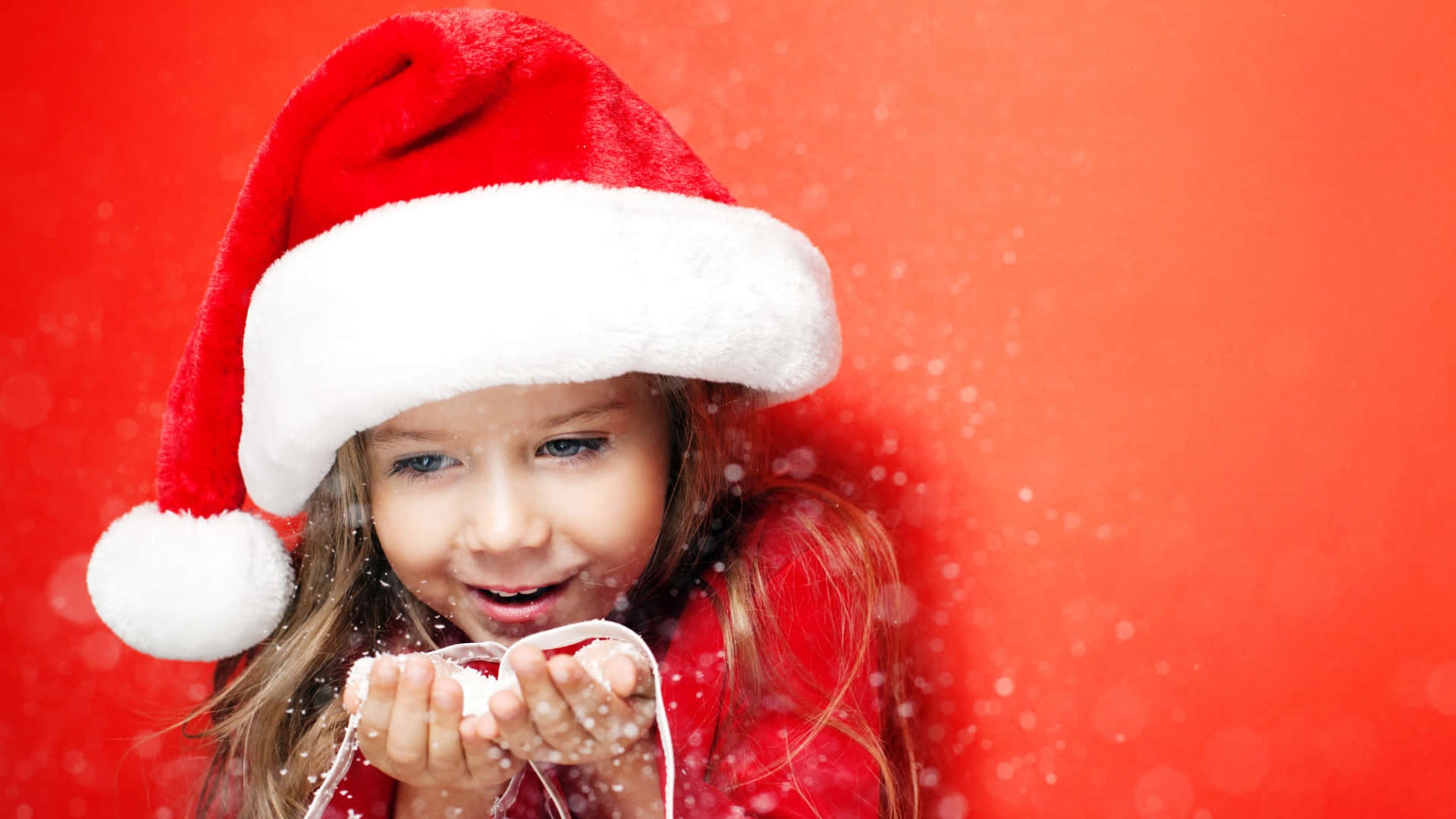 Cute Girl Wearing Christmas Hat, red Santa hat, falling snowflakes, Full HD Desktop Wallpaper