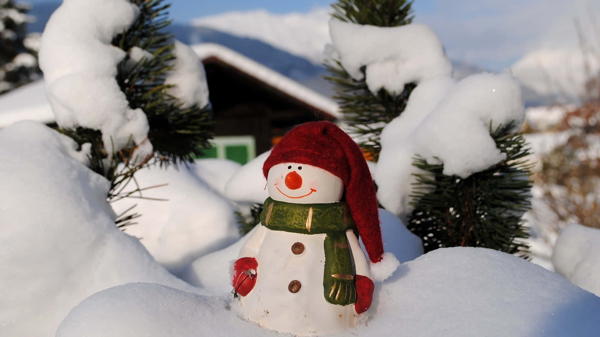 snowman, red hat, green scarf, Full HD Desktop Wallpaper