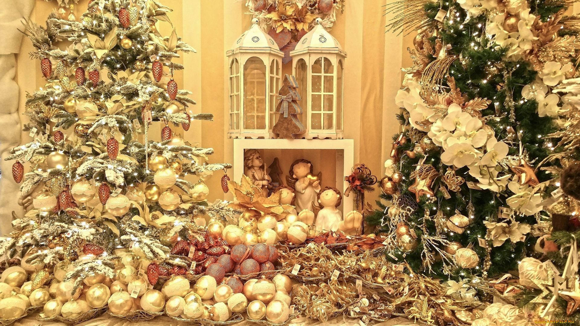 Golden Christmas Holiday Desktop, gold ornaments, red ornaments, Full HD Desktop Wallpaper