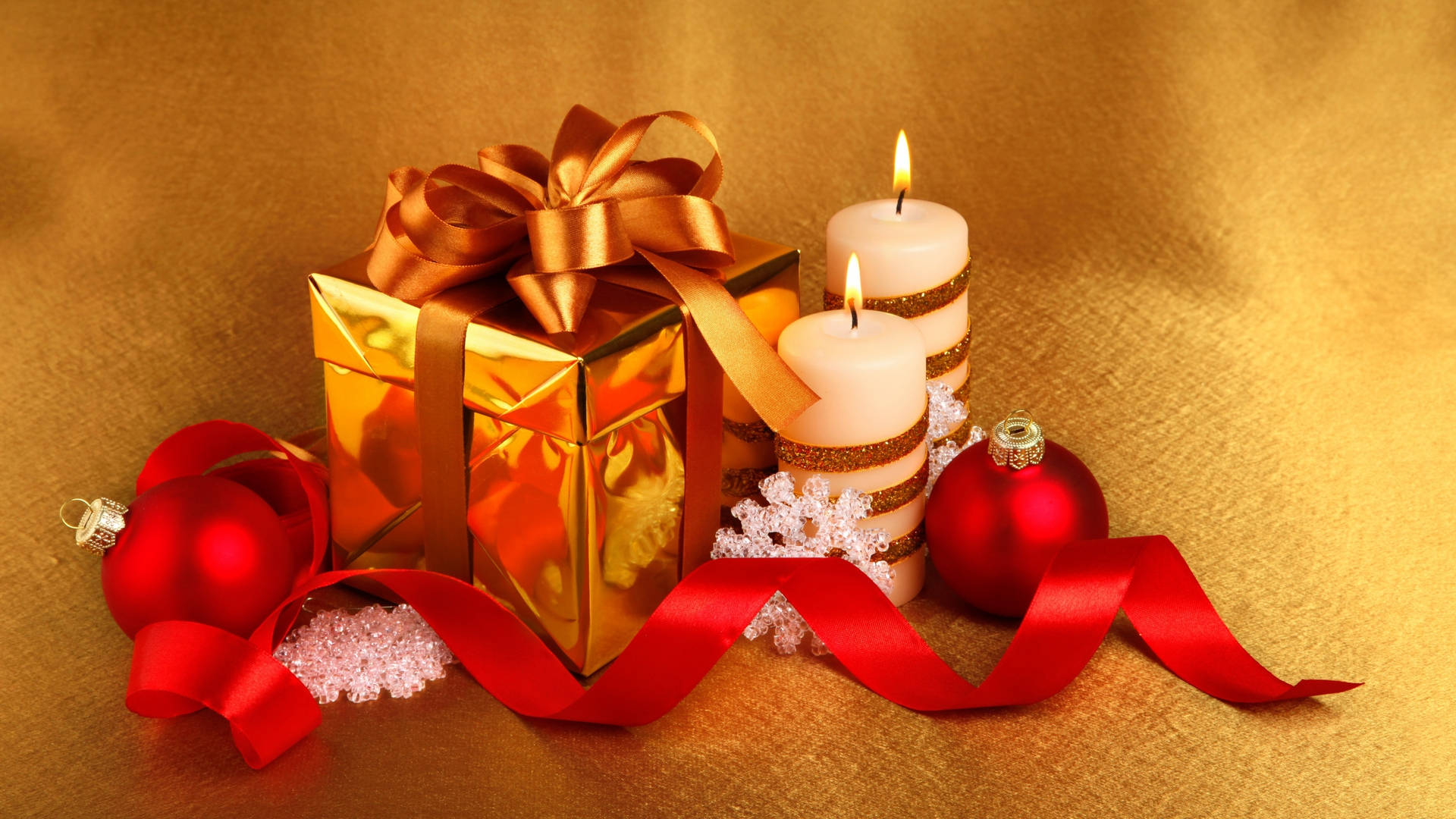 gold gift box, red ornaments, lit candles, Full HD Desktop Wallpaper