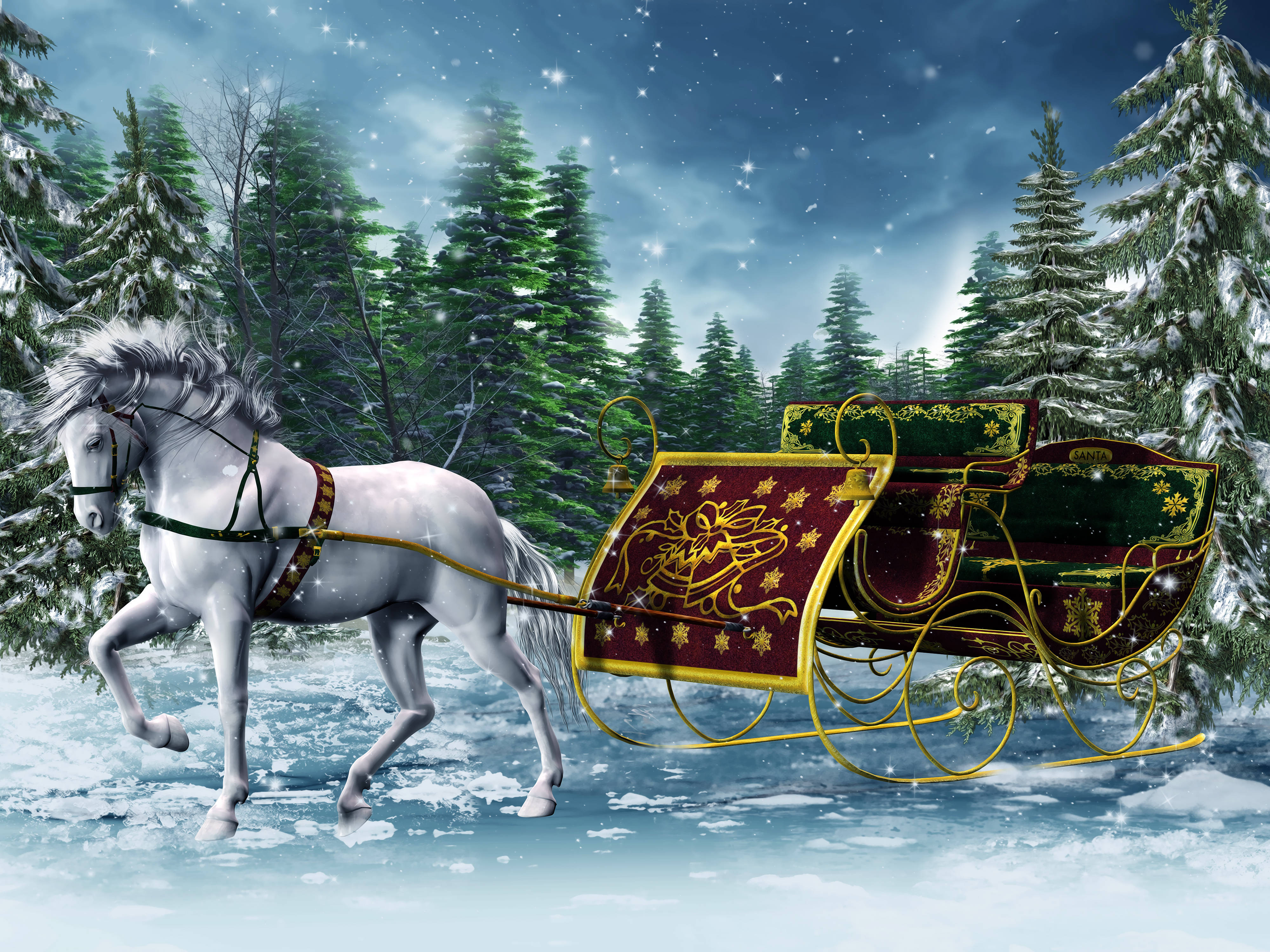 horse sled, ornate golden sleigh, snowy forest, 4K Desktop Wallpaper
