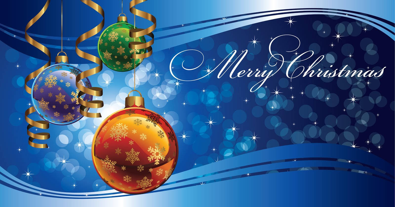 Christmas ornaments, gold snowflakes, sparkling blue background, HD Desktop Wallpaper