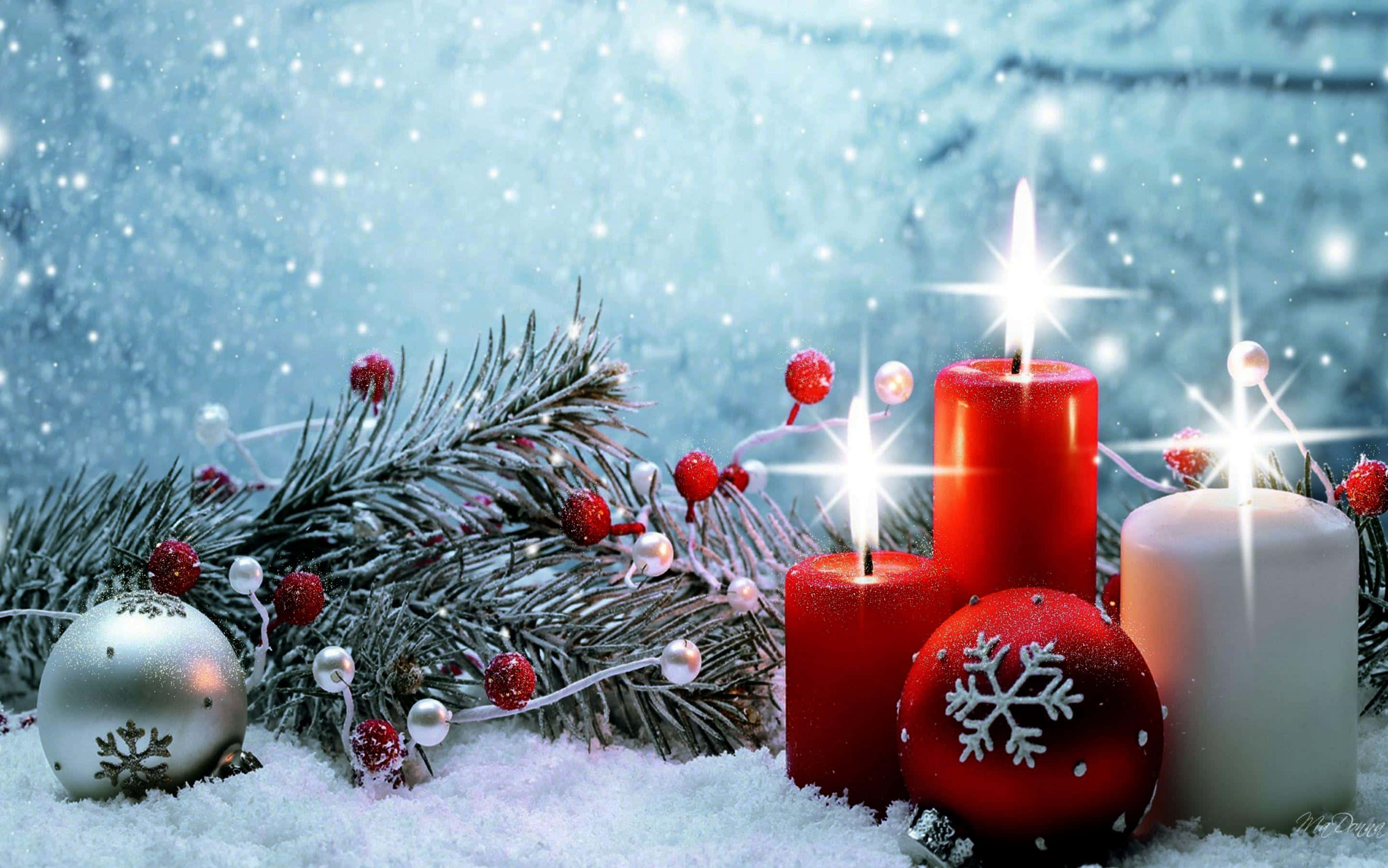 cute christmas laptop, snowy winter scene, glowing candles, 2K Desktop Wallpaper