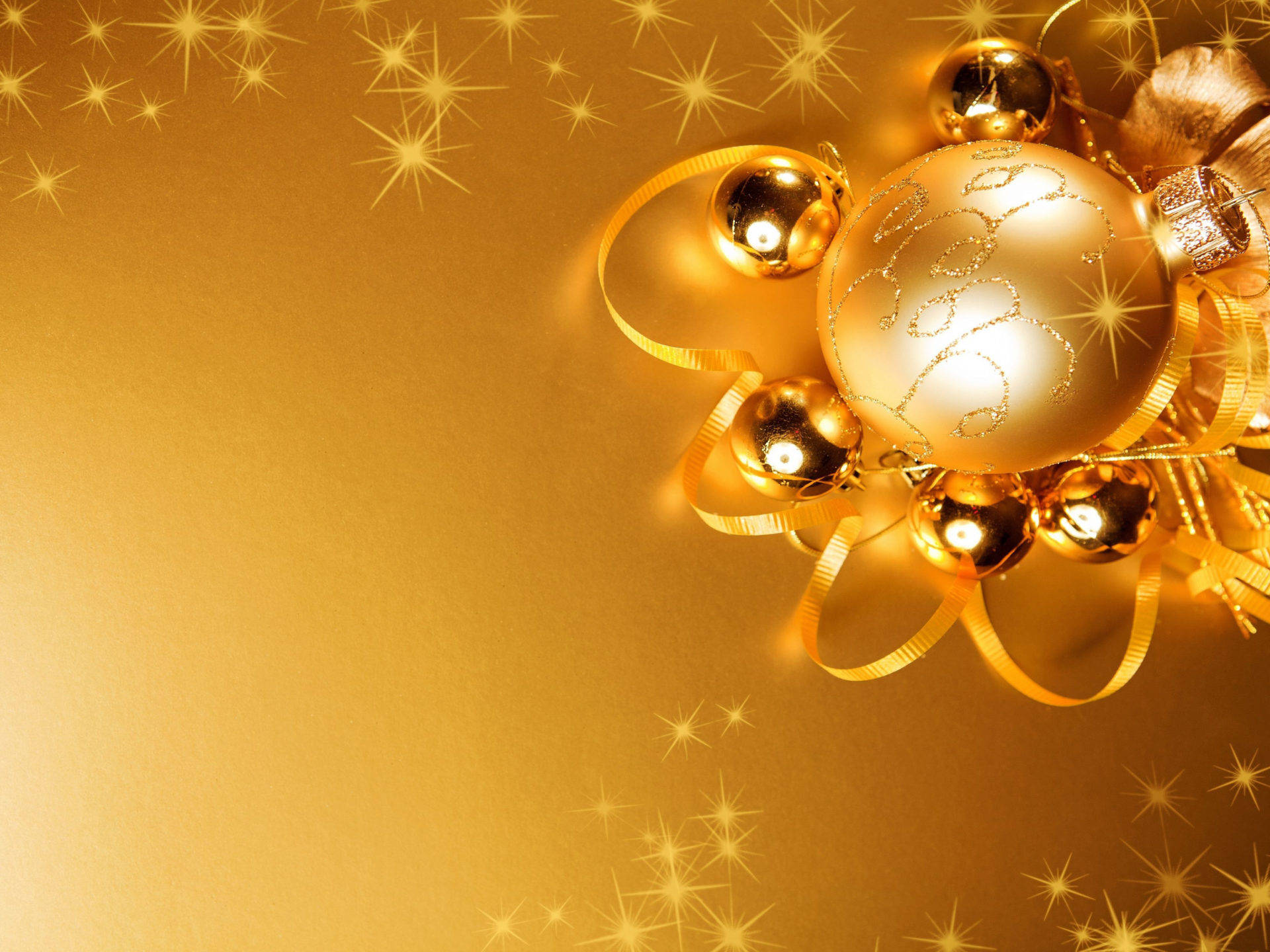luminous gold, Christmas ornaments, ribbons, Full HD Desktop Wallpaper