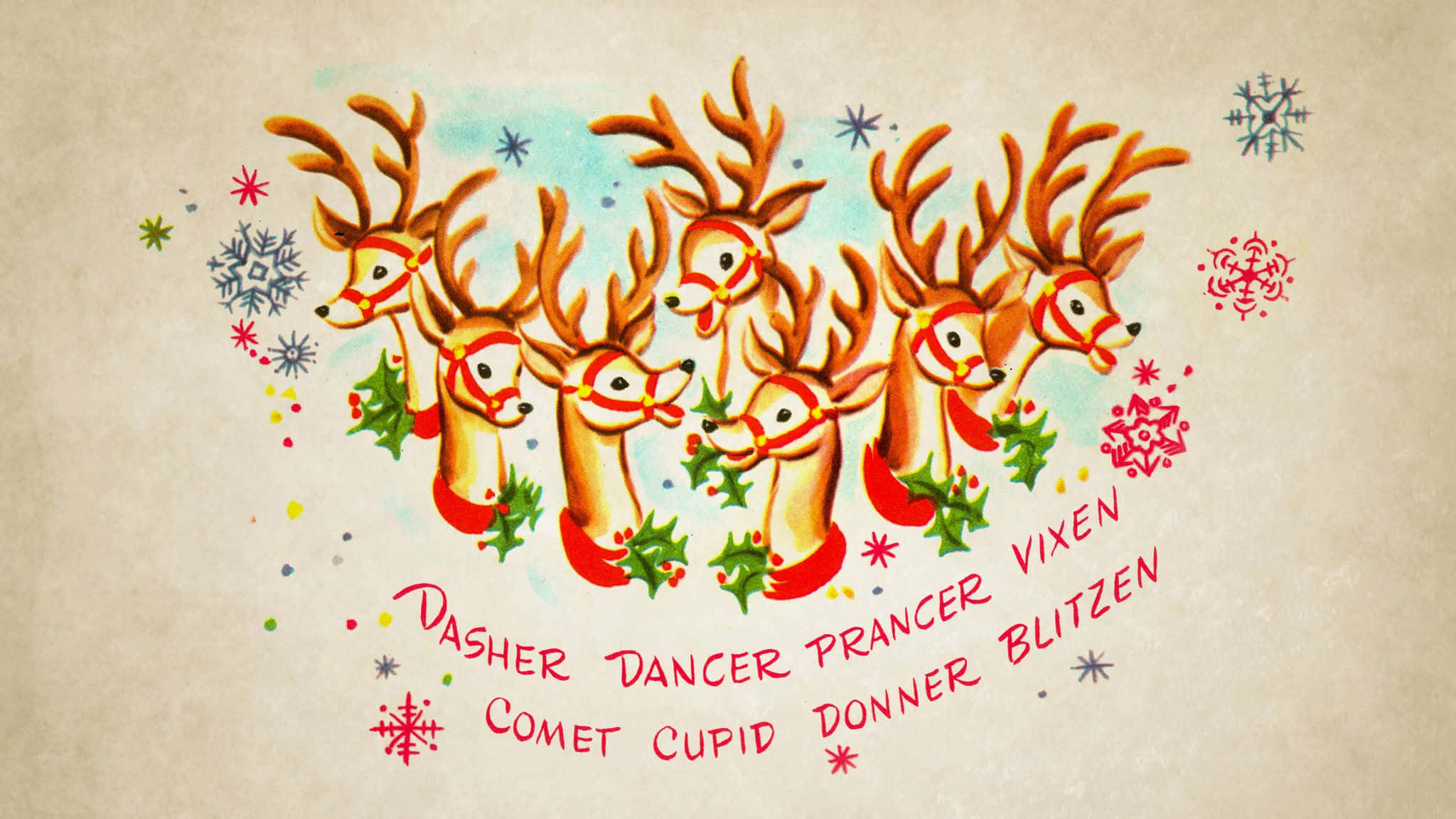 Vintage Christmas Desktop, eight reindeer, red harnesses, Full HD Desktop Wallpaper