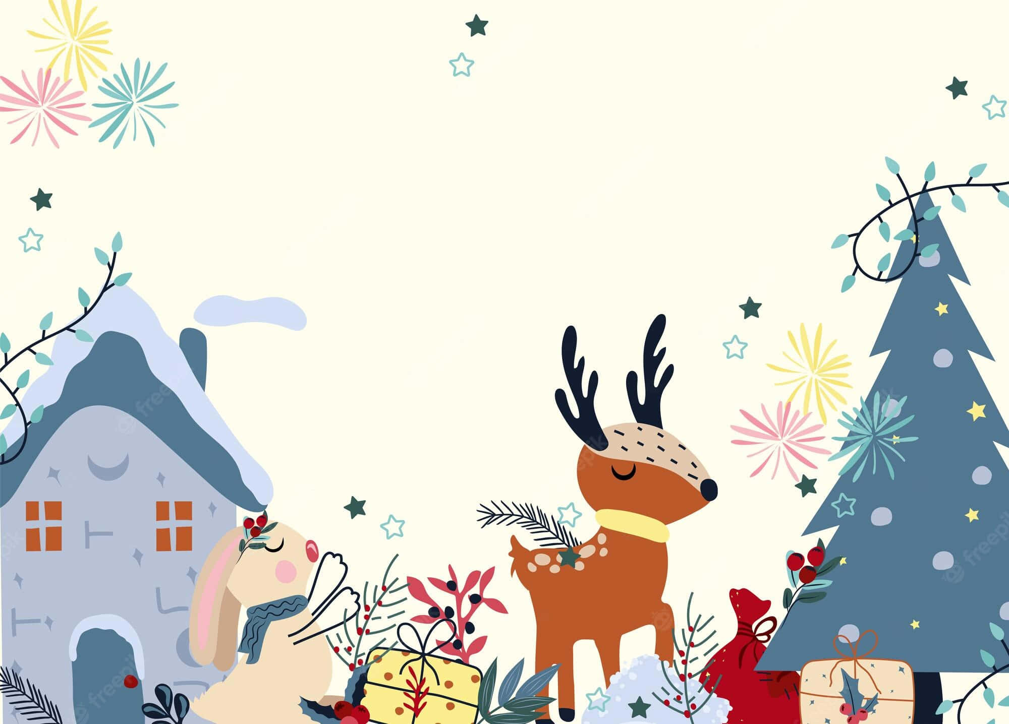 reindeer, bunny, snowy house, Full HD Desktop Wallpaper