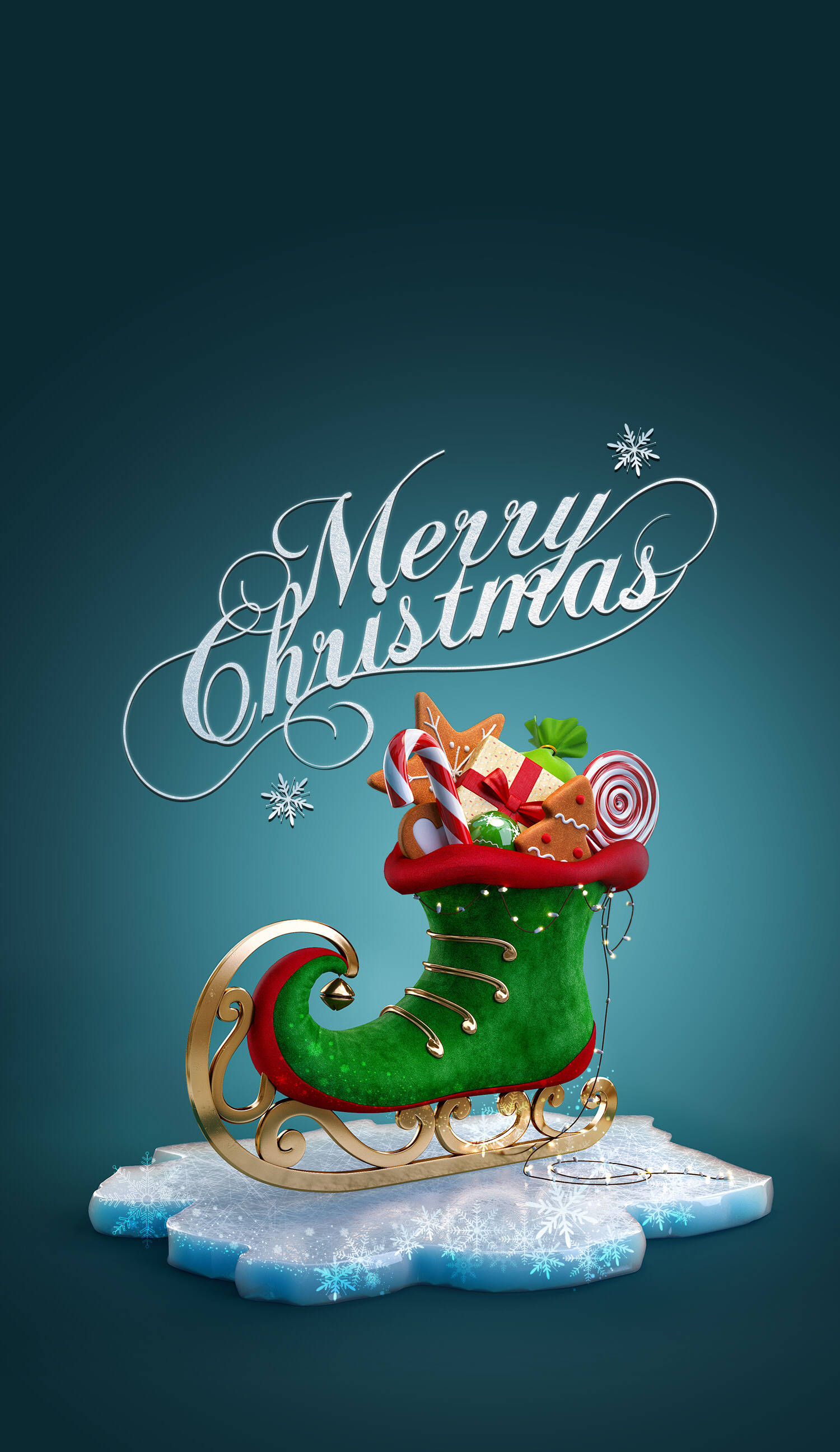 green elf shoes, Christmas iPhone, festive green Christmas boot sleigh, 2K Phone Wallpaper