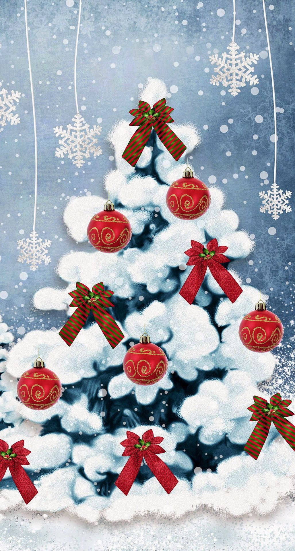 White Christmas iPhone, snow-covered Christmas tree, red ornaments, Full HD Phone Wallpaper