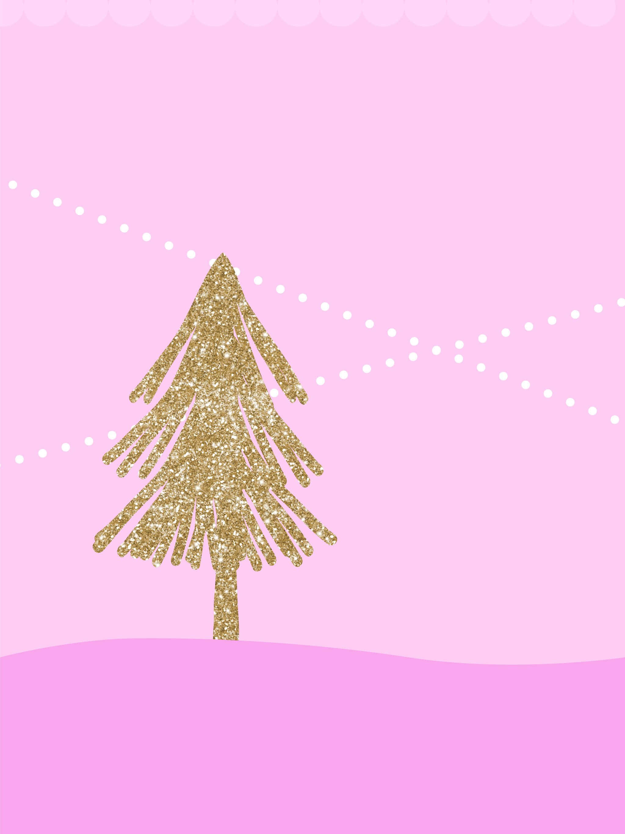 girly xmas, glittering gold Christmas tree, soft pink hill, 2K Phone Wallpaper