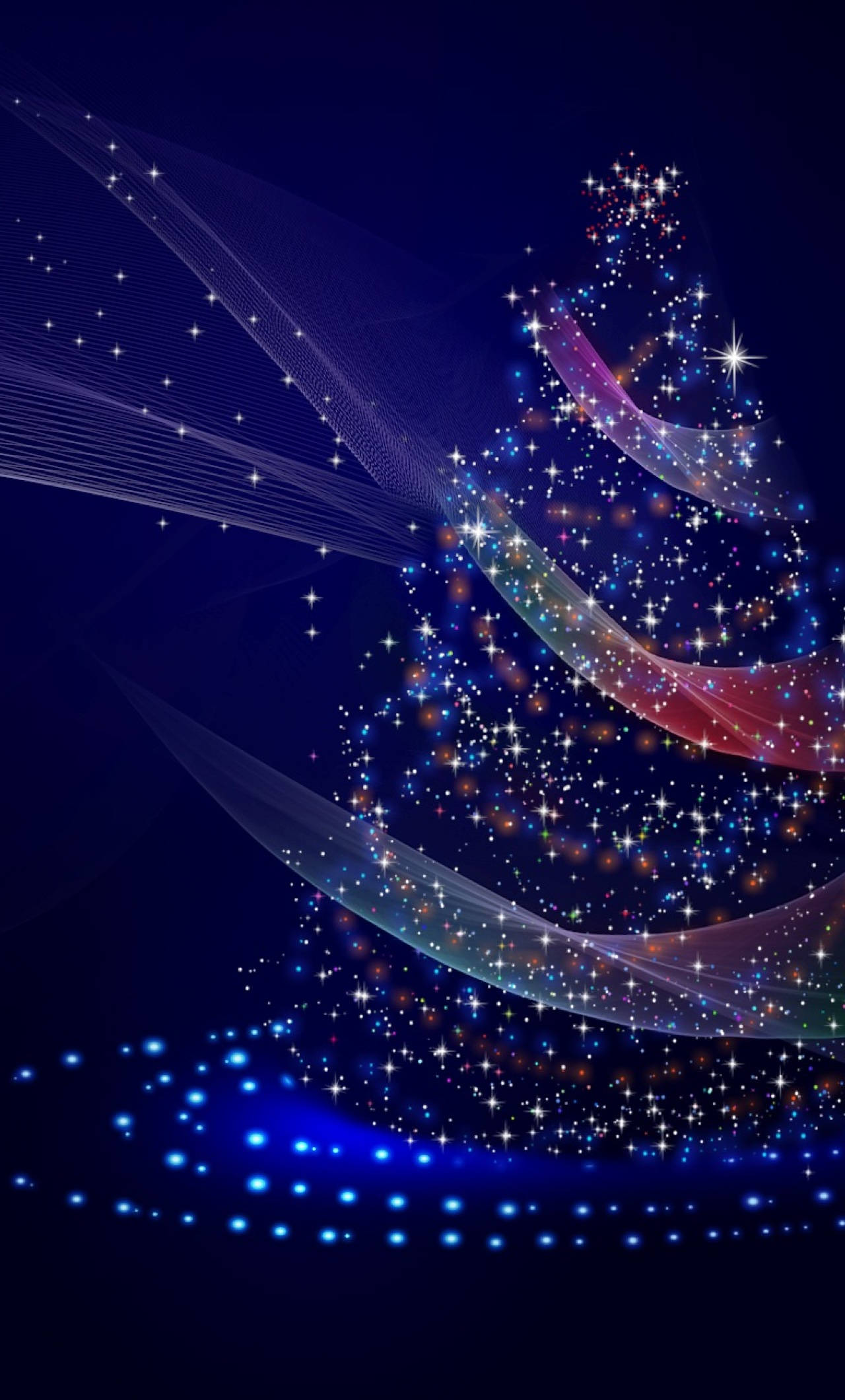 glowing Christmas tree, sparkling stars, glowing ribbons, Full HD Phone Wallpaper