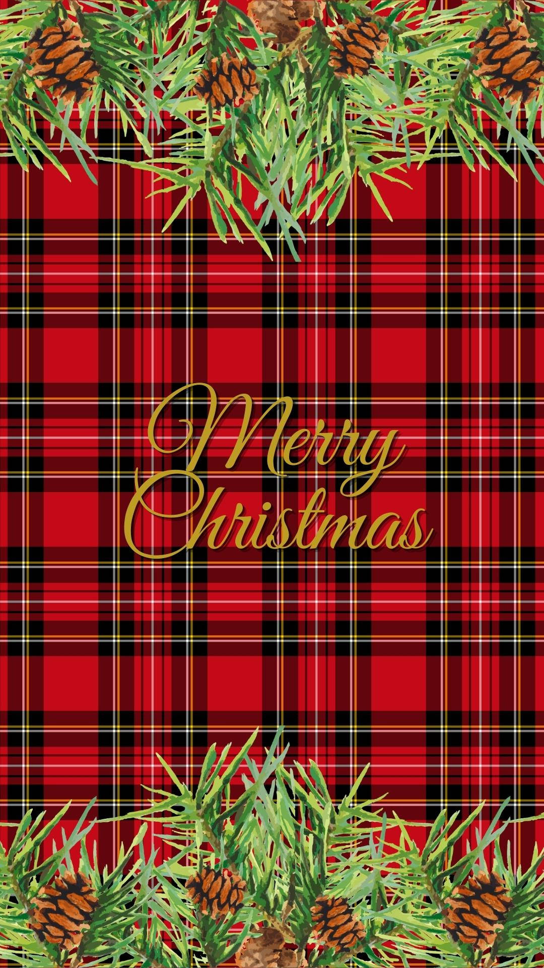 Red Checkered Pattern Christmas iPhone, red plaid, pine branches, Full HD Phone Wallpaper