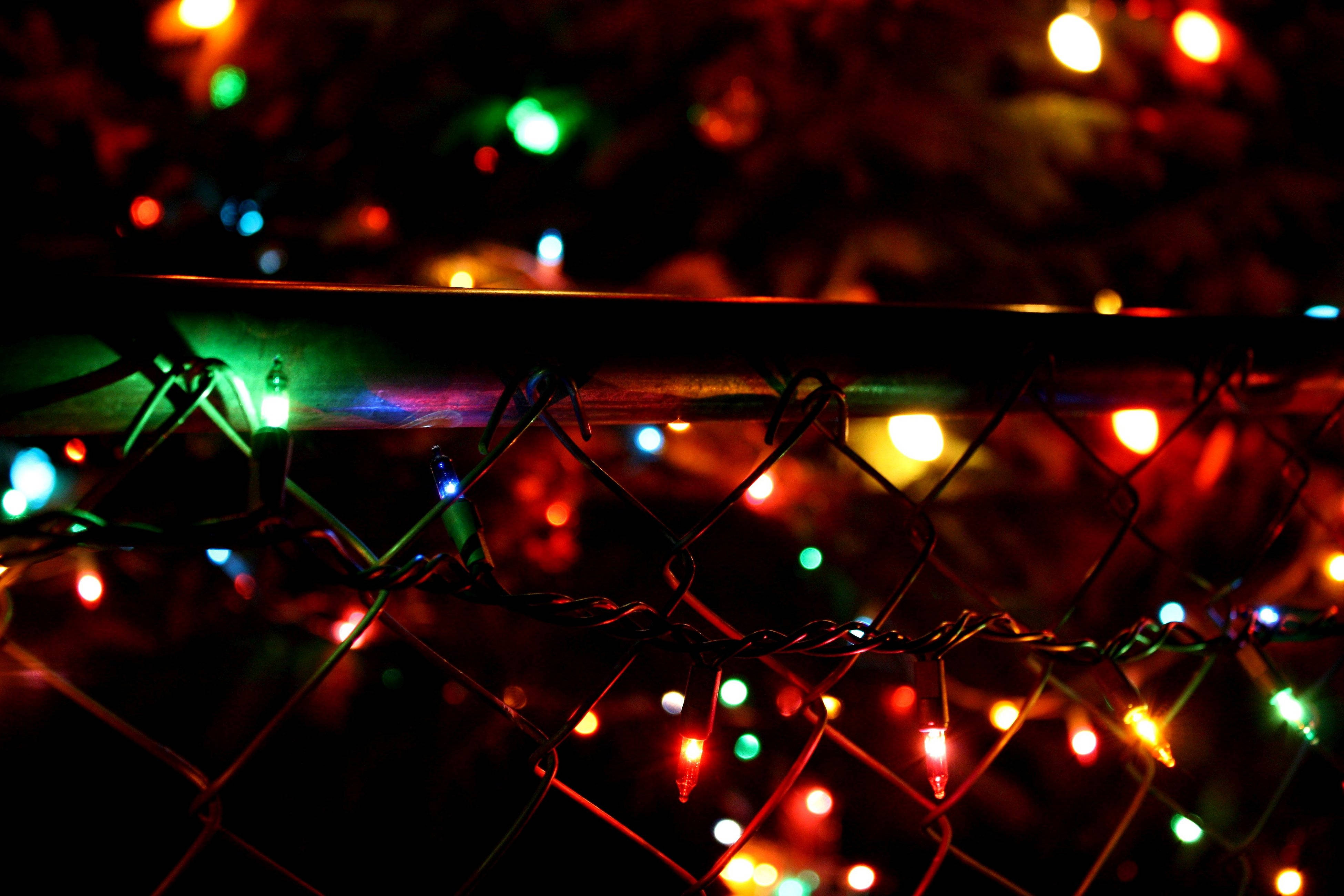 Christmas lights, colorful festive lights, dark chain-link fence, 4K Desktop Wallpaper