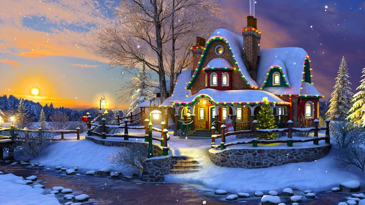 Winter Christmas Lights Art Desktop, snow-covered cottage, festive lights, HD Desktop Wallpaper