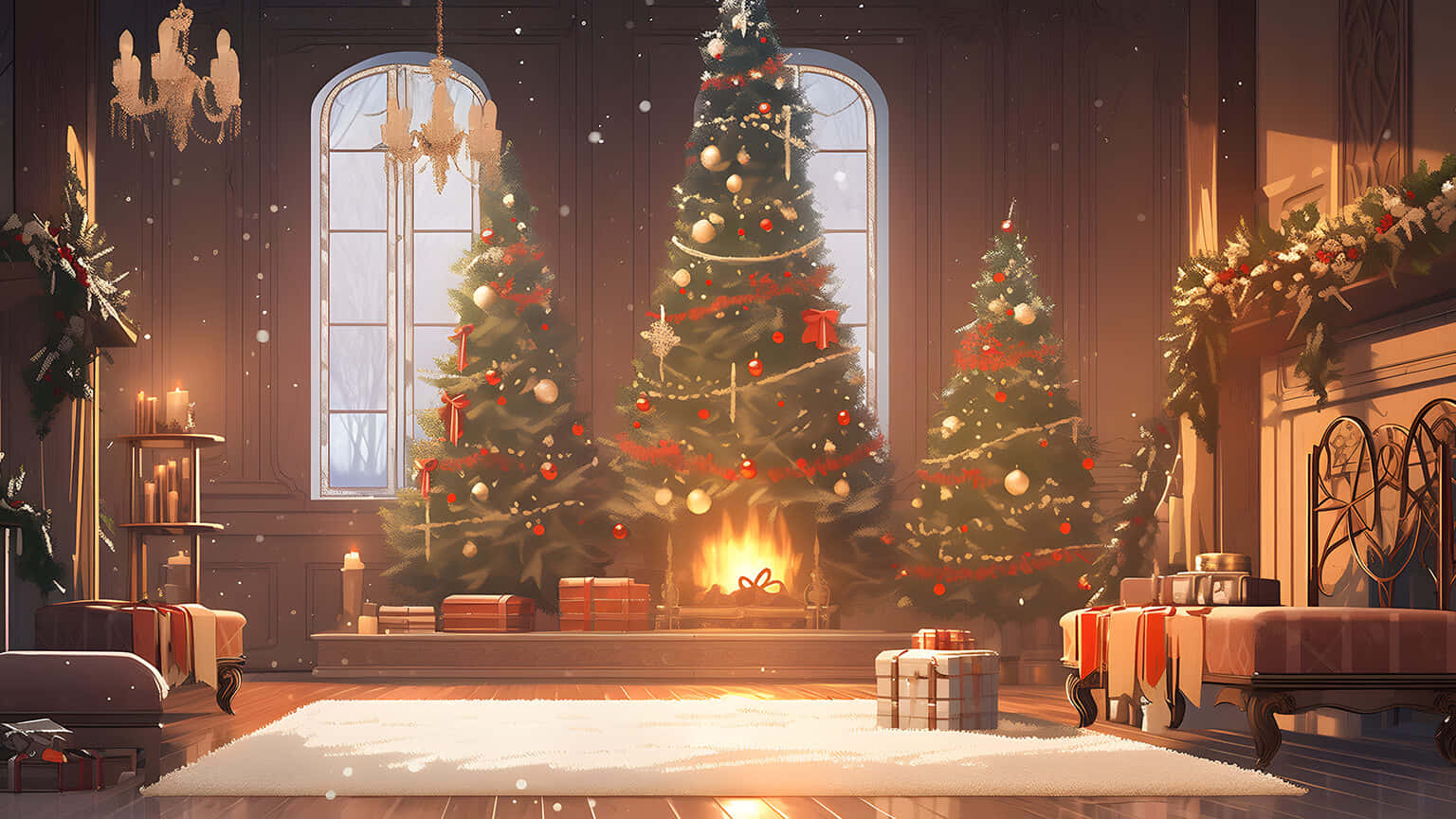 Cozy Christmas Room with Fireplace and Tree, Christmas trees, roaring fireplace, HD Desktop Wallpaper