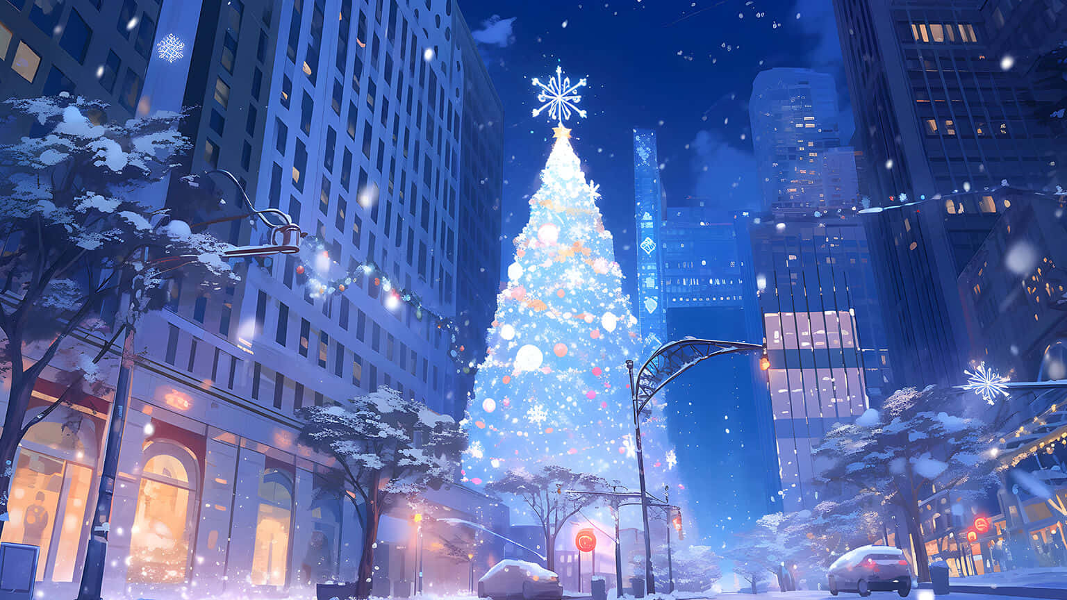 Christmas tree, snowy city street, tall buildings, HD Desktop Wallpaper