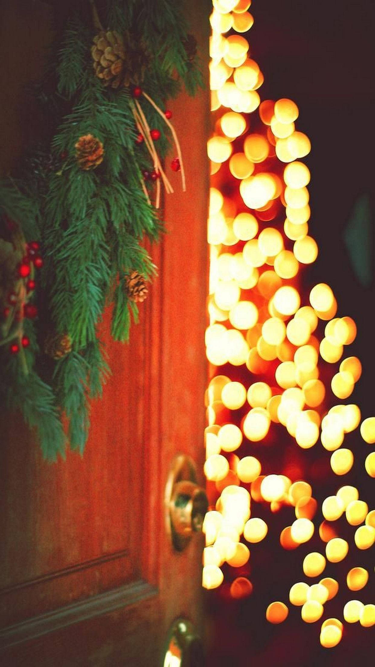 wooden door, pine garland, pinecones, Full HD Phone Wallpaper