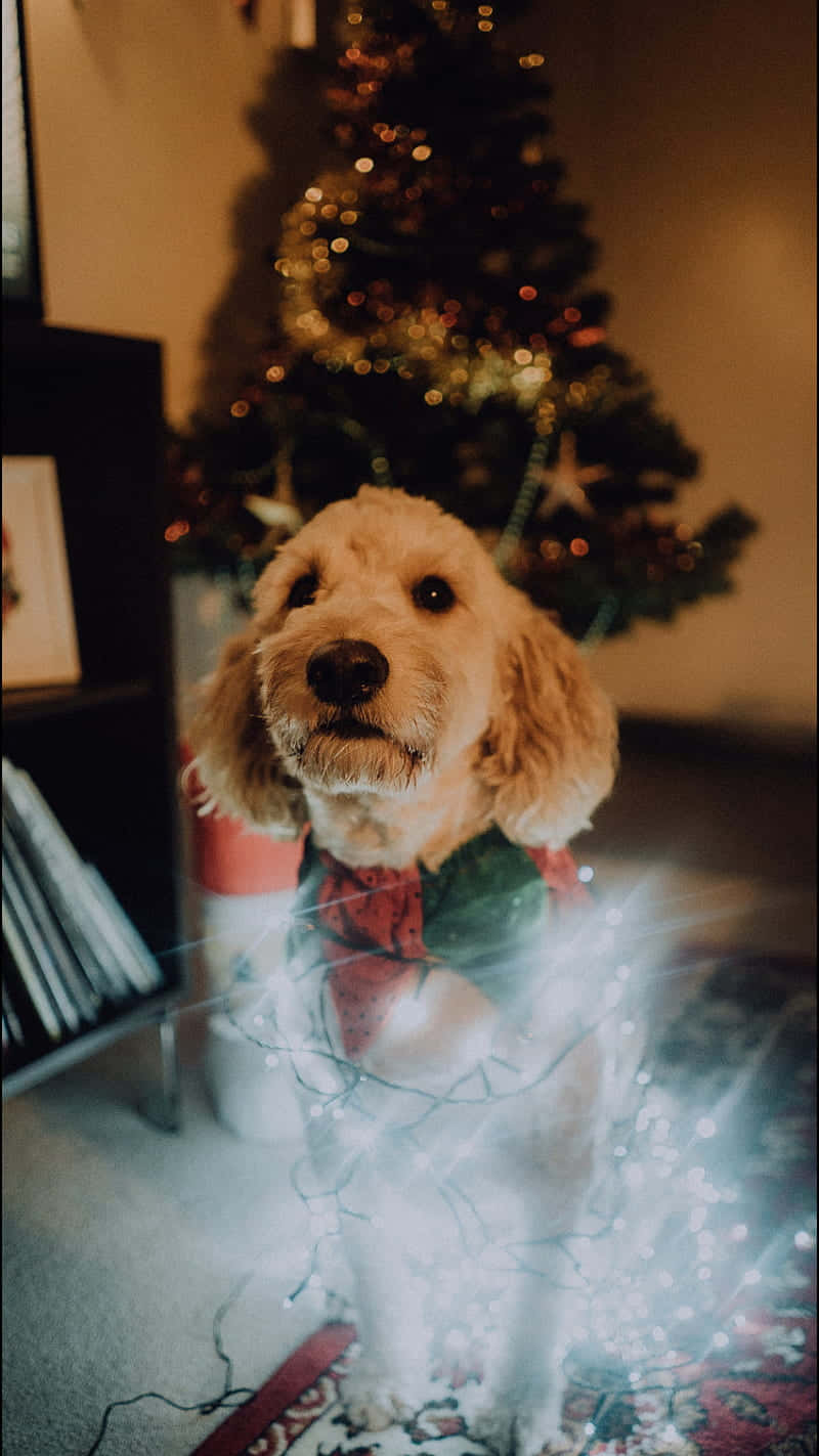 Christmas lights, fluffy golden puppy, festive bow, HD Phone Wallpaper