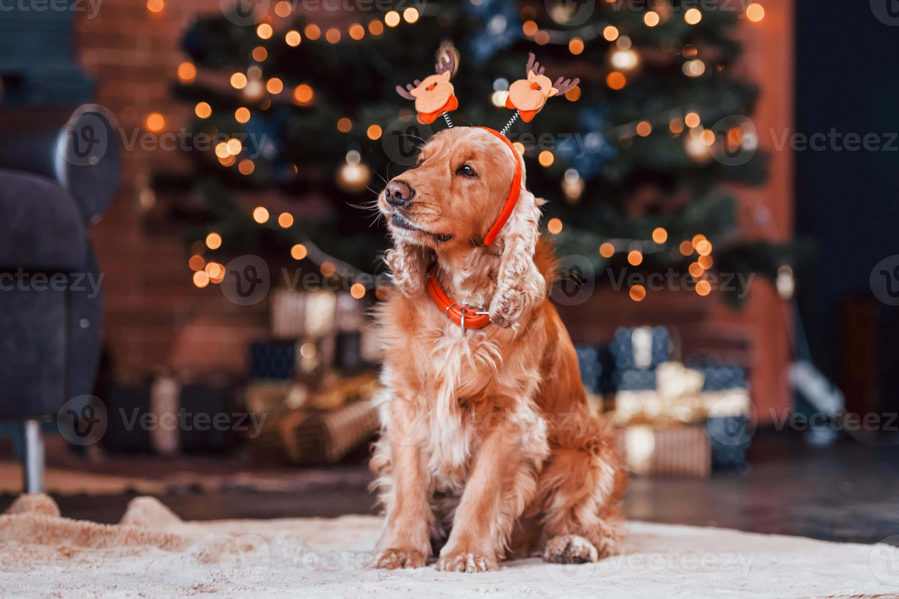 golden retriever, reindeer antlers, glowing Christmas tree, 2K Desktop Wallpaper