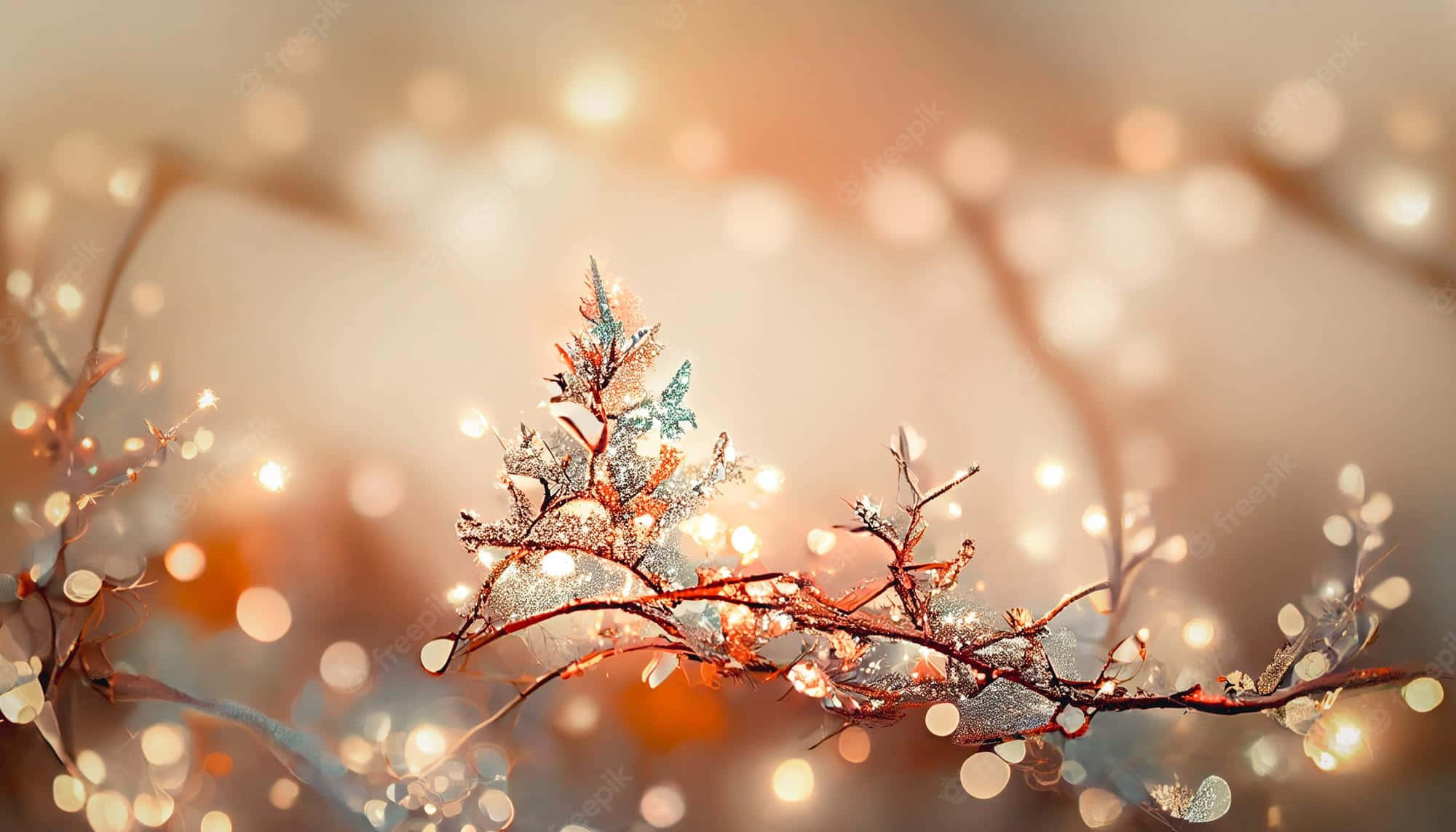 Christmas Lights, frost-covered branch, glowing lights, Full HD Desktop Wallpaper