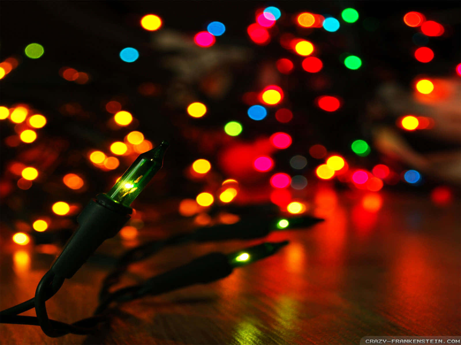 glowing green string light bulb, colorful bokeh lights, wooden surface, HD Desktop Wallpaper
