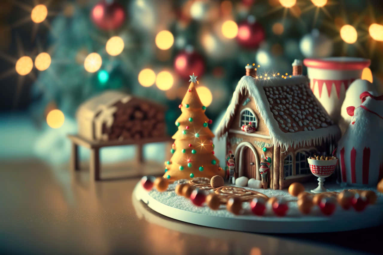 gingerbread house, candy decorations, tiny tree, HD Desktop Wallpaper