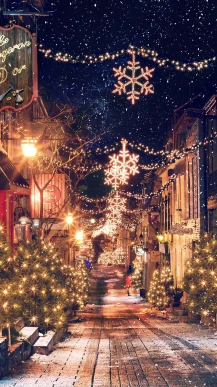 Christmas lights, snowy night street, glowing string lights, HD Phone Wallpaper