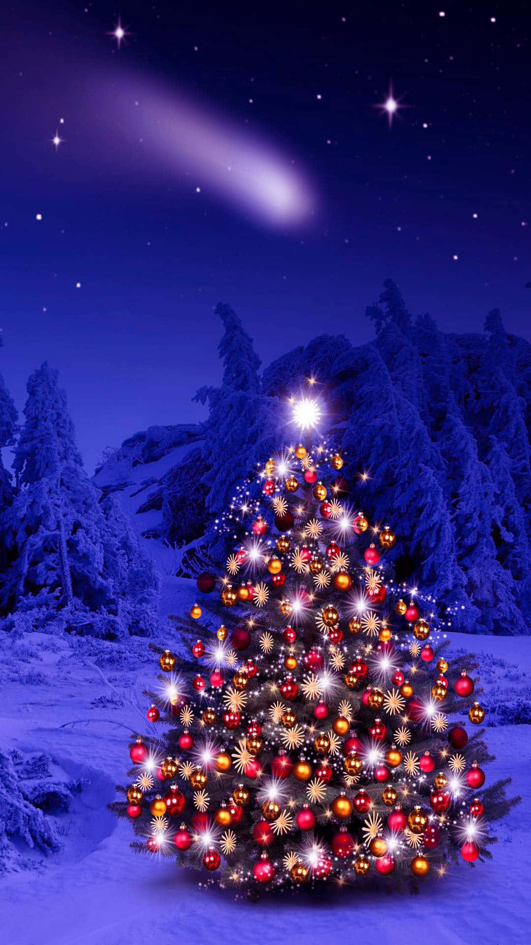 Christmas tree, starry night sky, comet, Full HD Phone Wallpaper