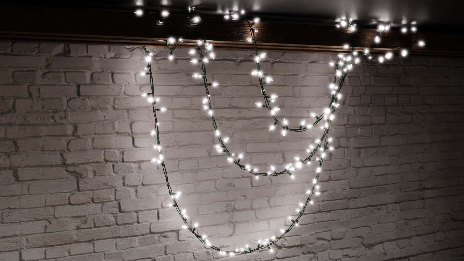 Christmas Lights Tumblr Cute, warm white string lights, textured white brick wall, Full HD Desktop Wallpaper