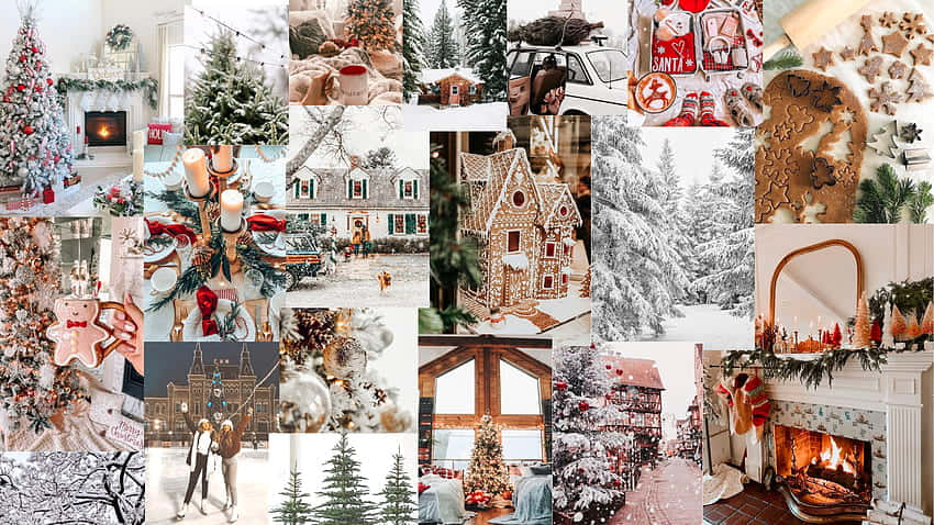 Festive White Christmas Mac Aesthetic, snow-covered trees, cozy fireplaces, SD Desktop Wallpaper