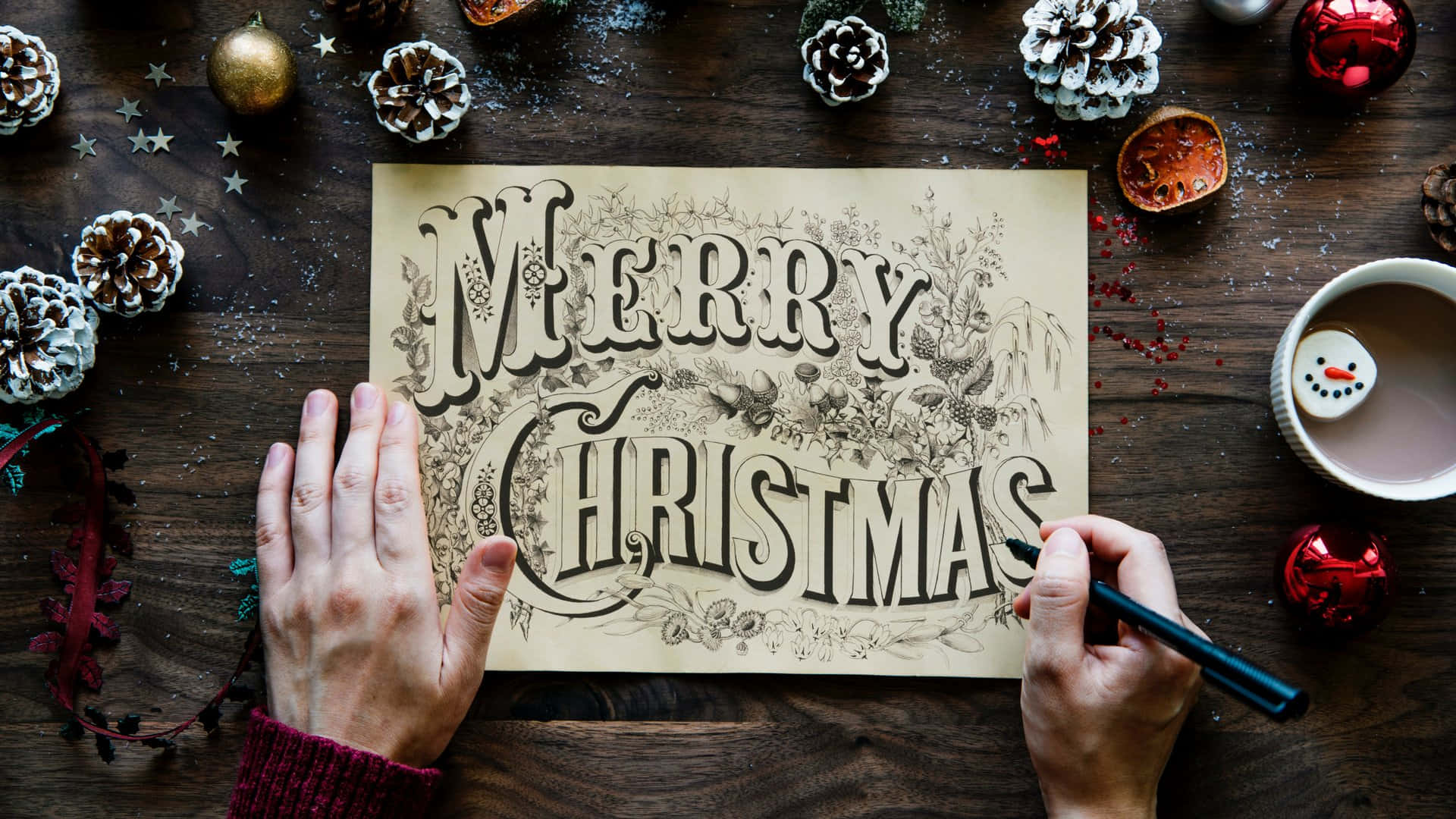 Merry Christmas, parchment, pinecones, Full HD Desktop Wallpaper
