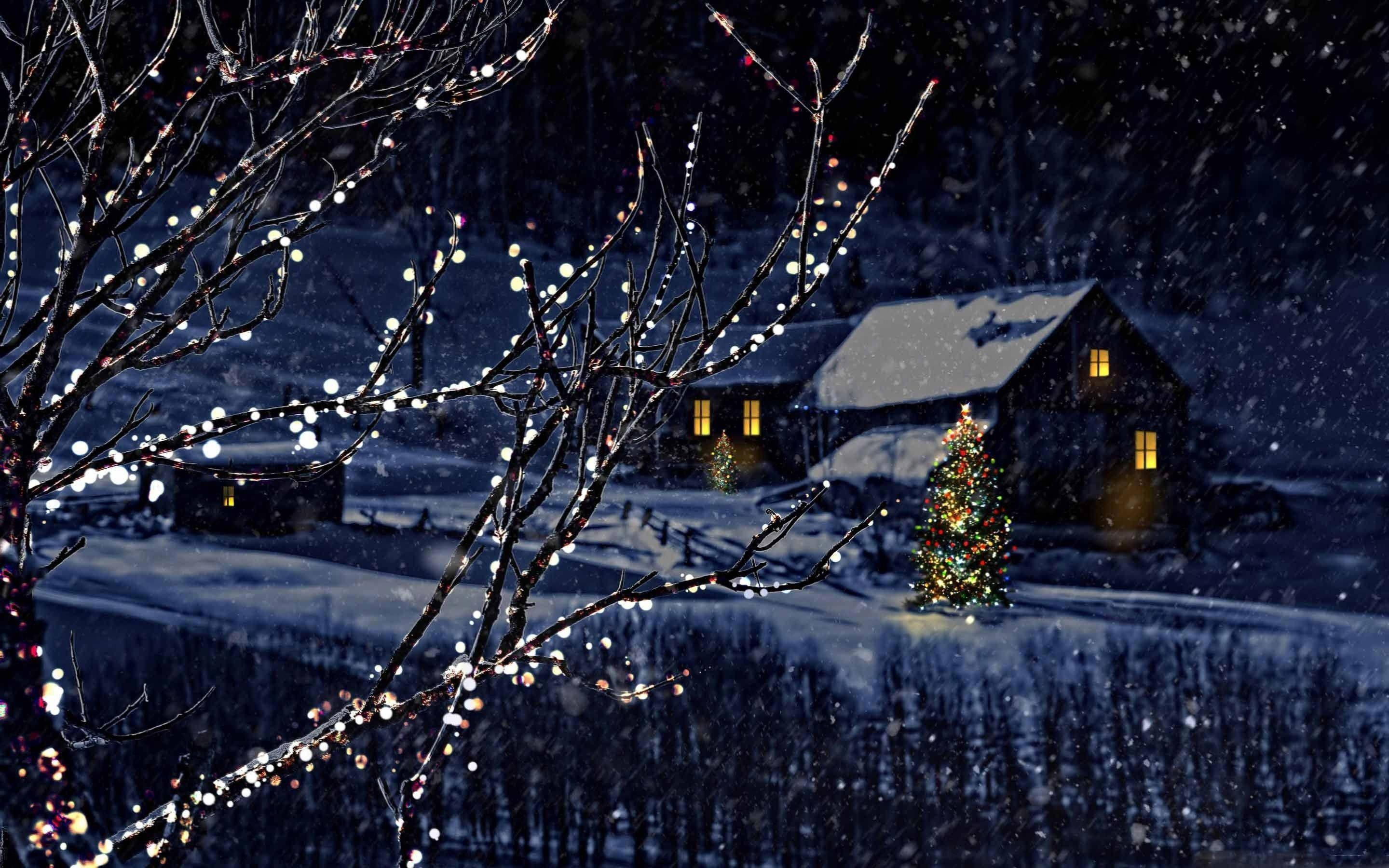 Christmas Mac, cabin, snow, 2K Desktop Wallpaper
