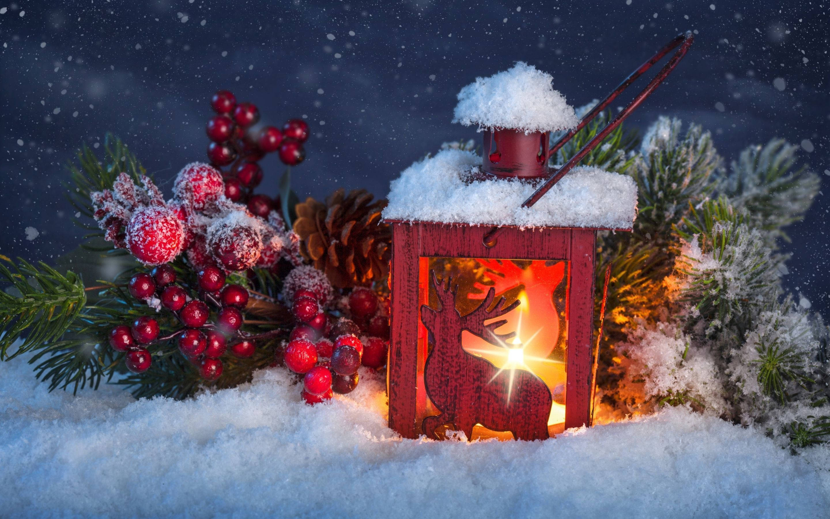 Christmas Mac, glowing red lantern, deer silhouette, 2K Desktop Wallpaper
