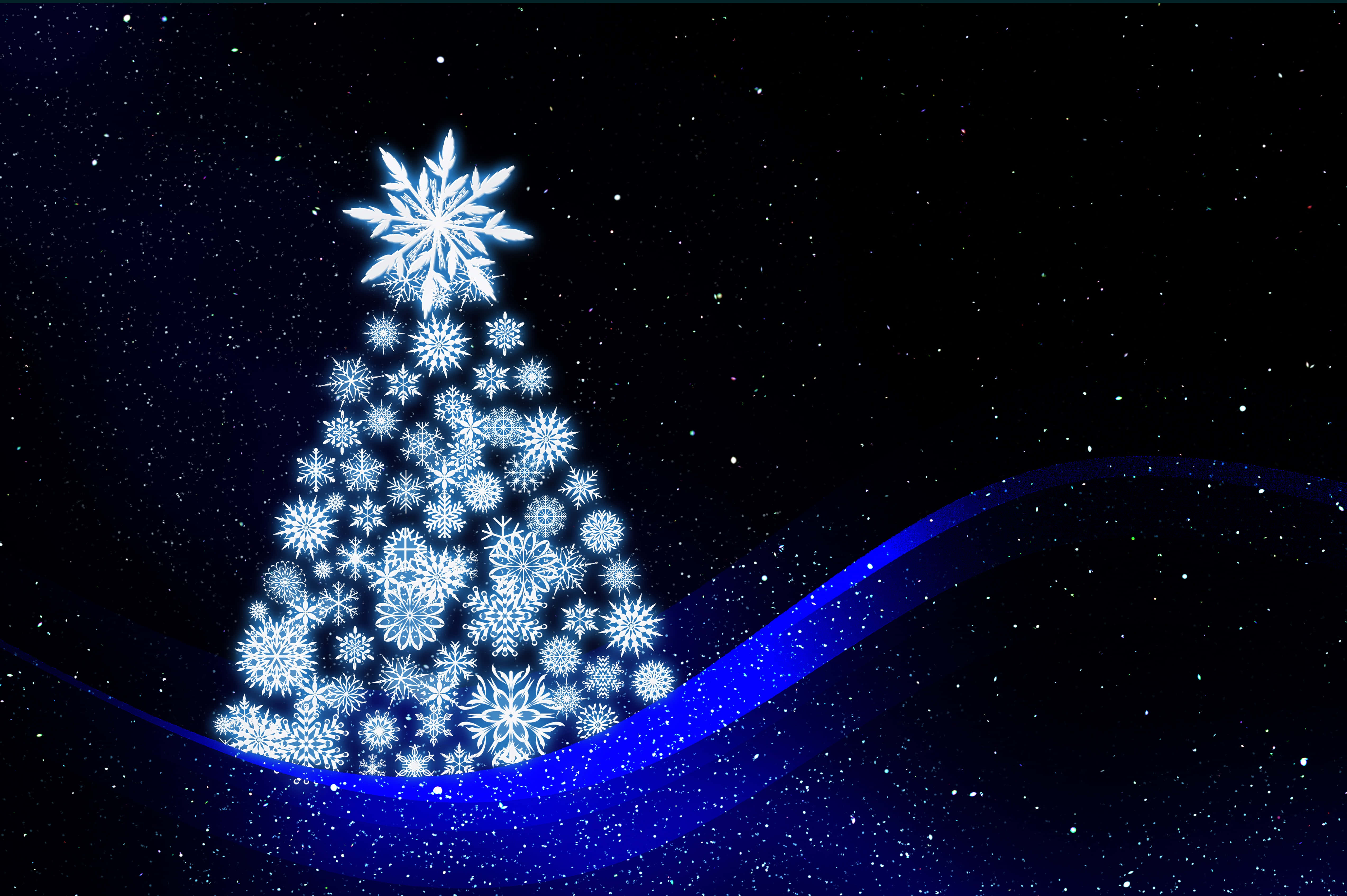 glowing blue snowflake Christmas tree, starry night sky, flowing blue ribbon, 4K Desktop Wallpaper
