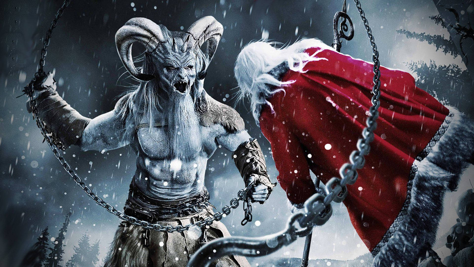 Christmas Movie, demonic horned figure, red-robed Santa Claus, Full HD Desktop Wallpaper