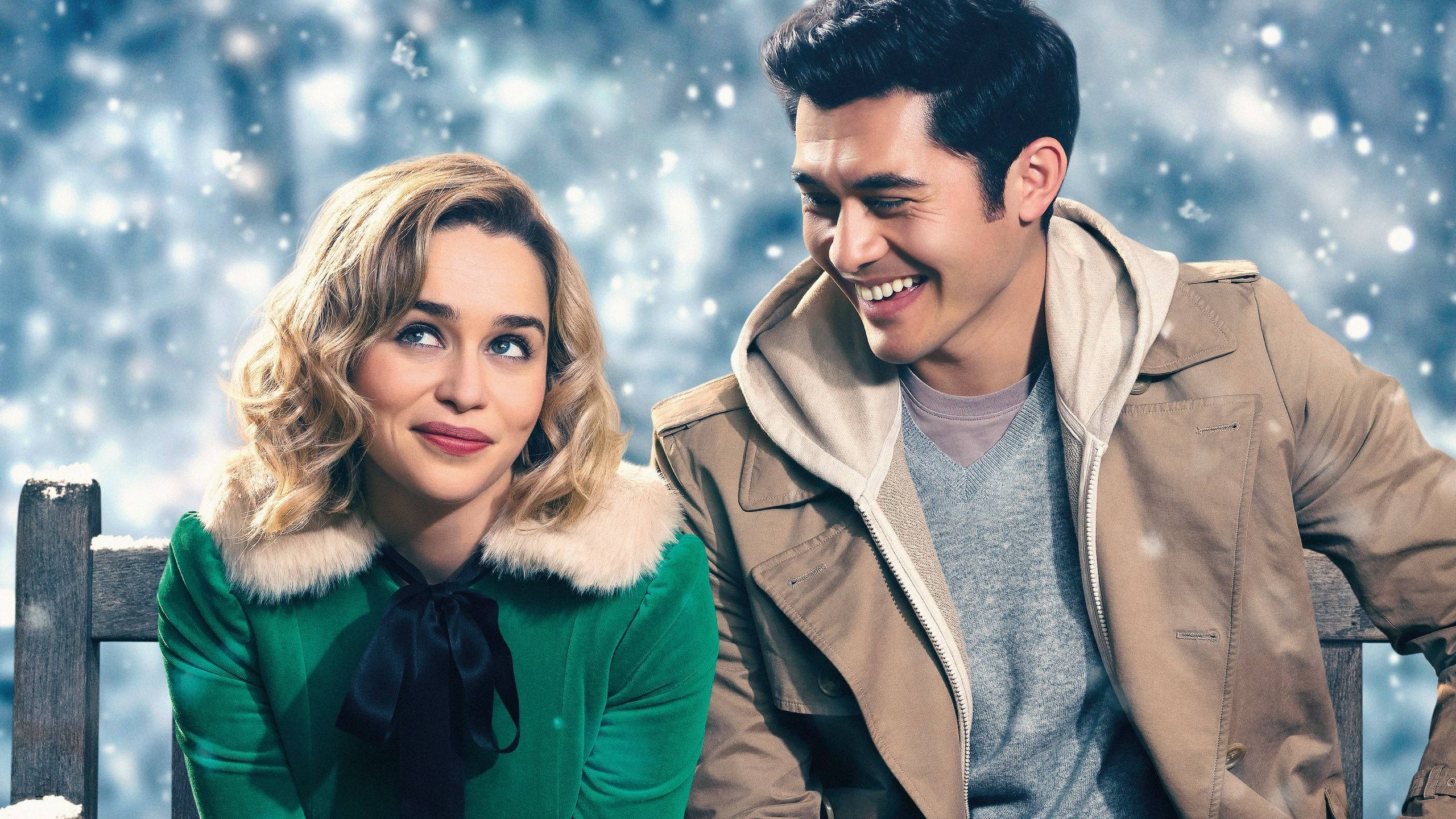 Christmas Movie, snowy bench, falling snowflakes, 2K Desktop Wallpaper