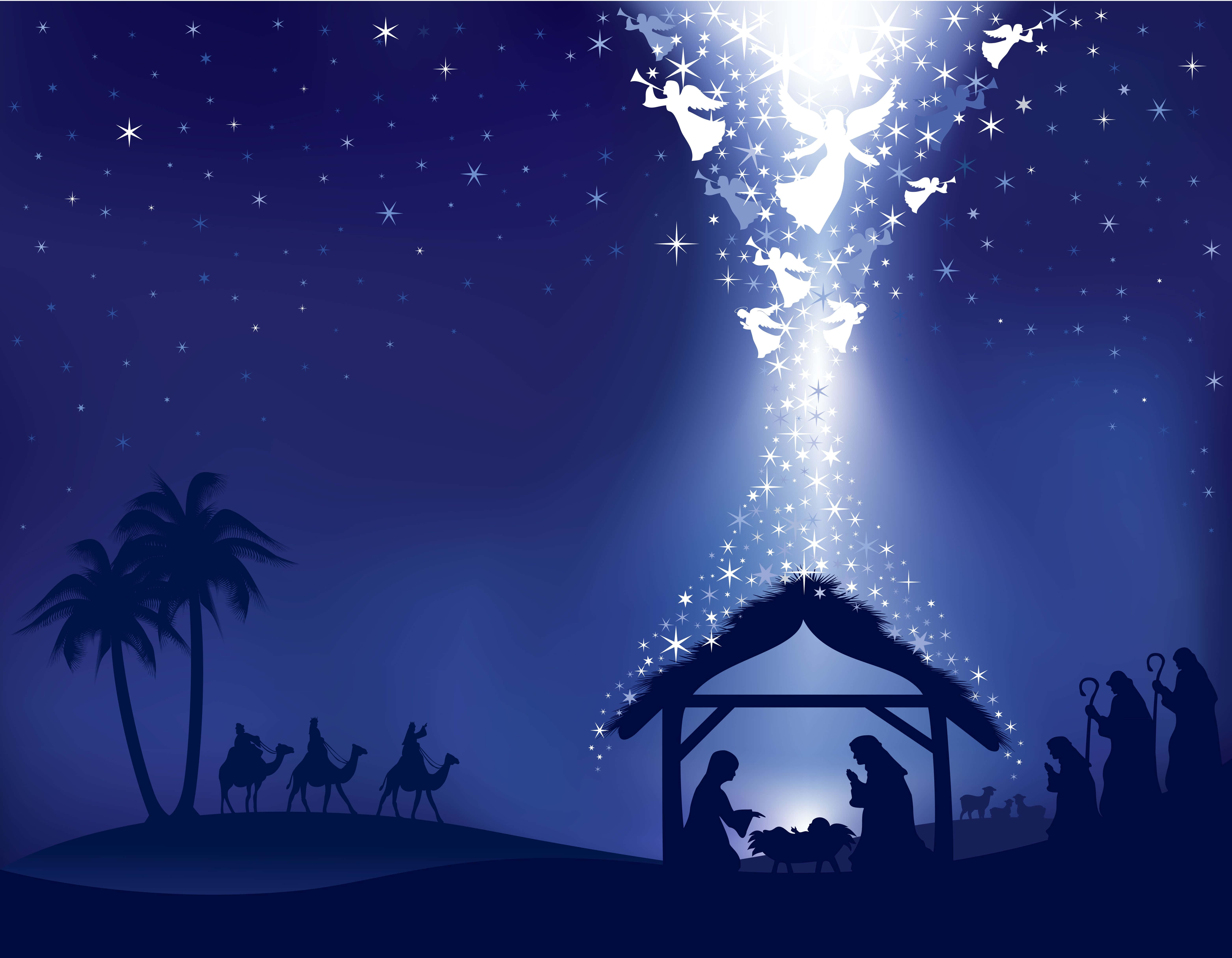 Christmas Nativity, angels, starry night sky, 5K Desktop Wallpaper