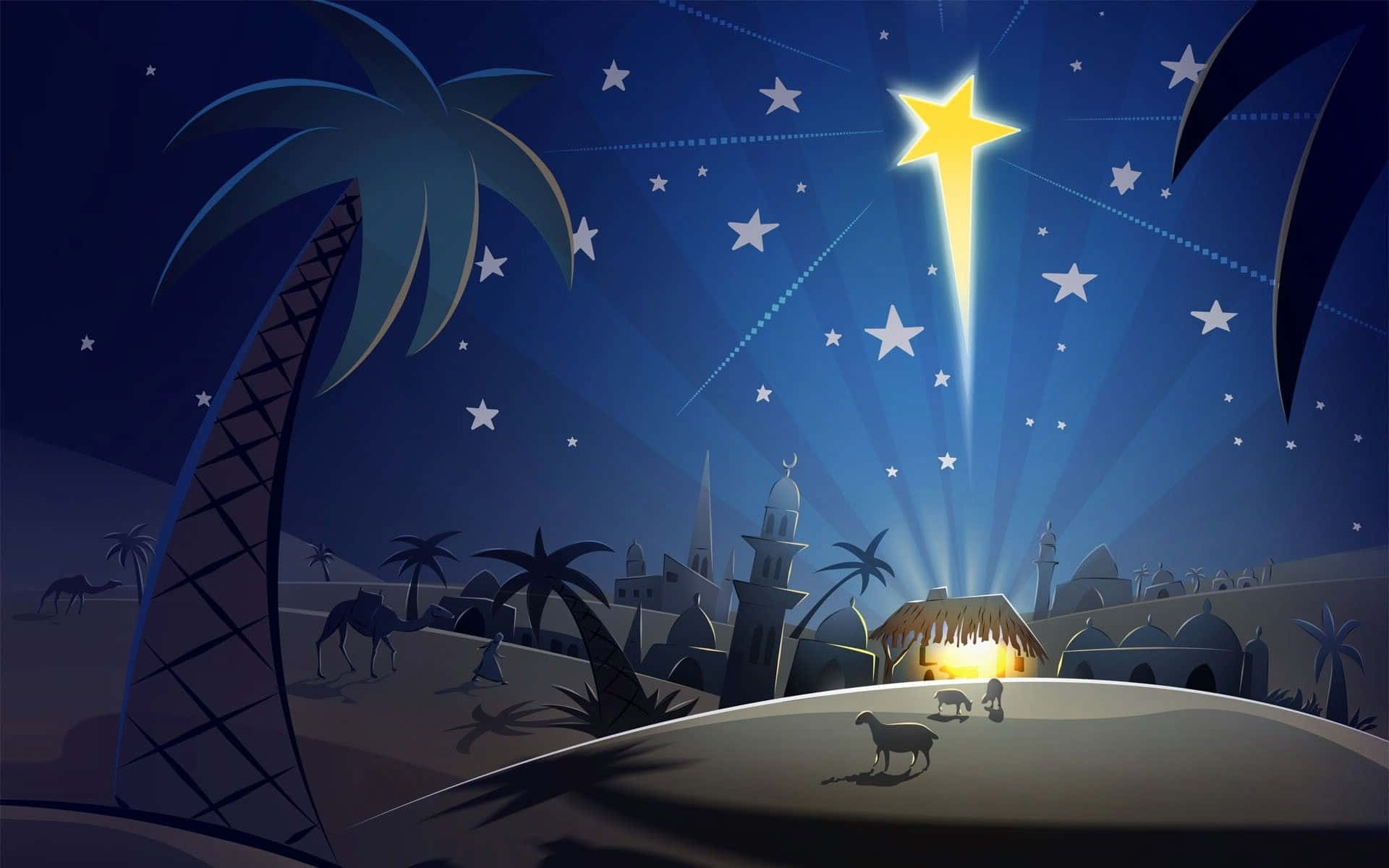 Christmas Nativity, desert village, palm trees, Full HD Desktop Wallpaper