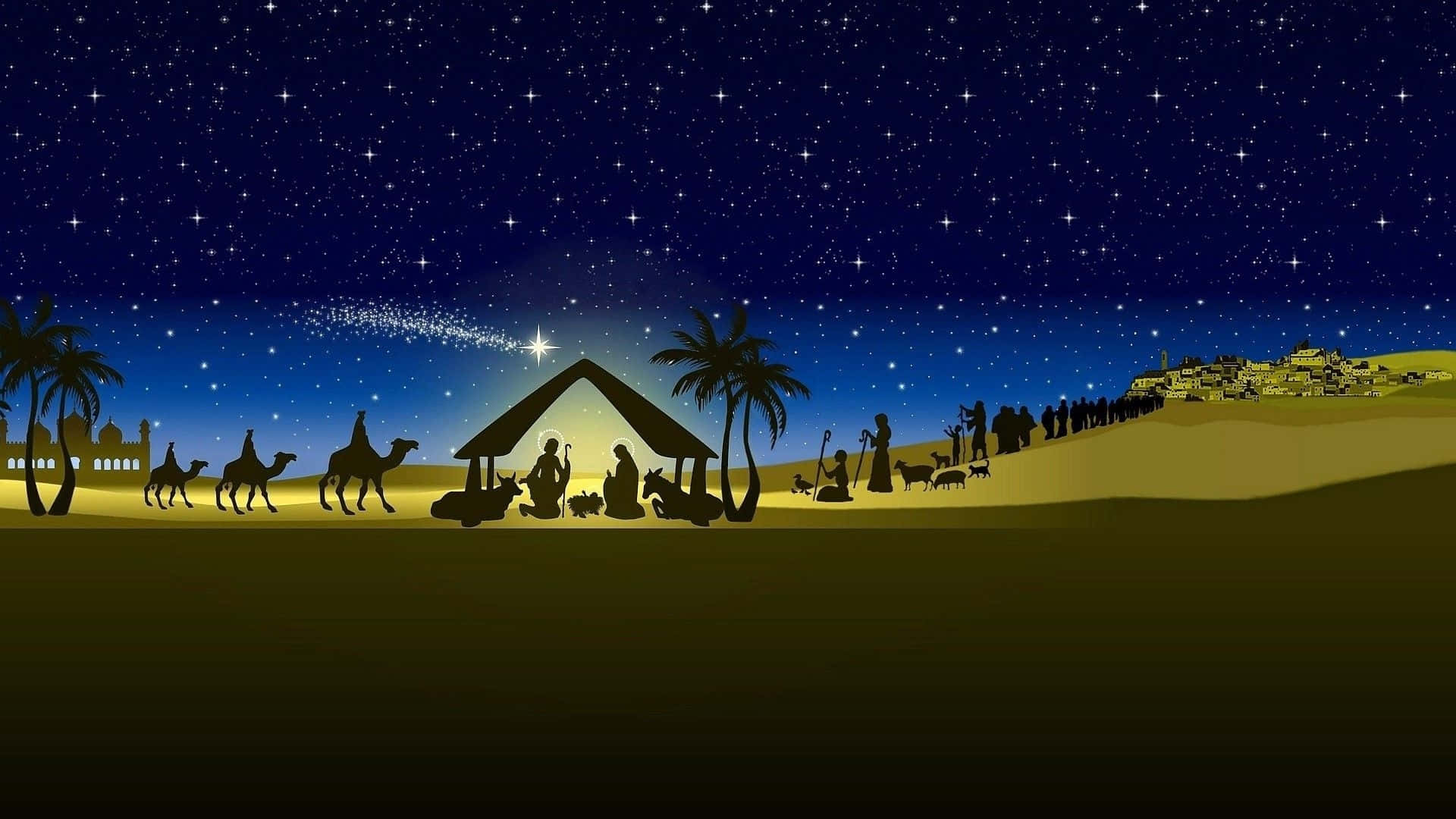 nativity scene, starry night sky, camels, Full HD Desktop Wallpaper