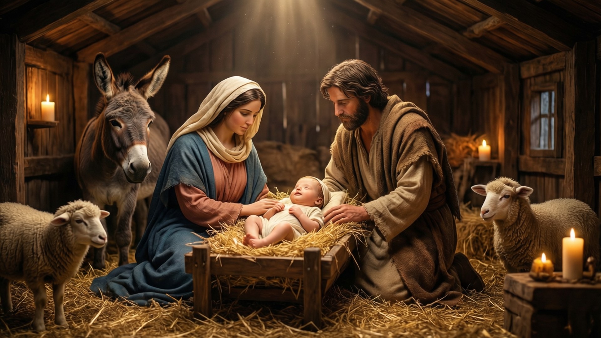 Cozy Stable Nativity, wooden stable, soft candlelight, Full HD Desktop Wallpaper
