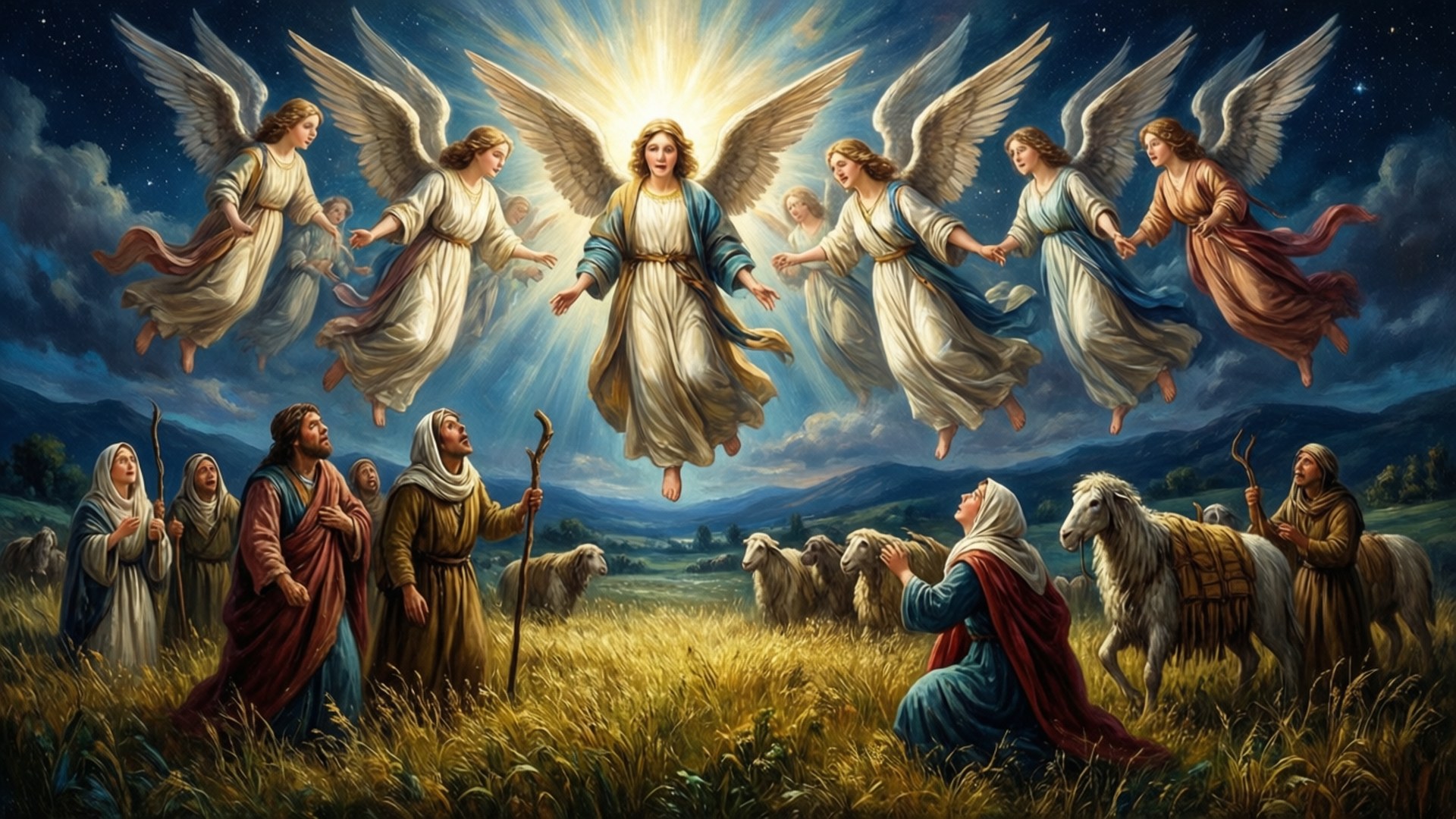 angels, shepherds, golden field, Full HD Desktop Wallpaper