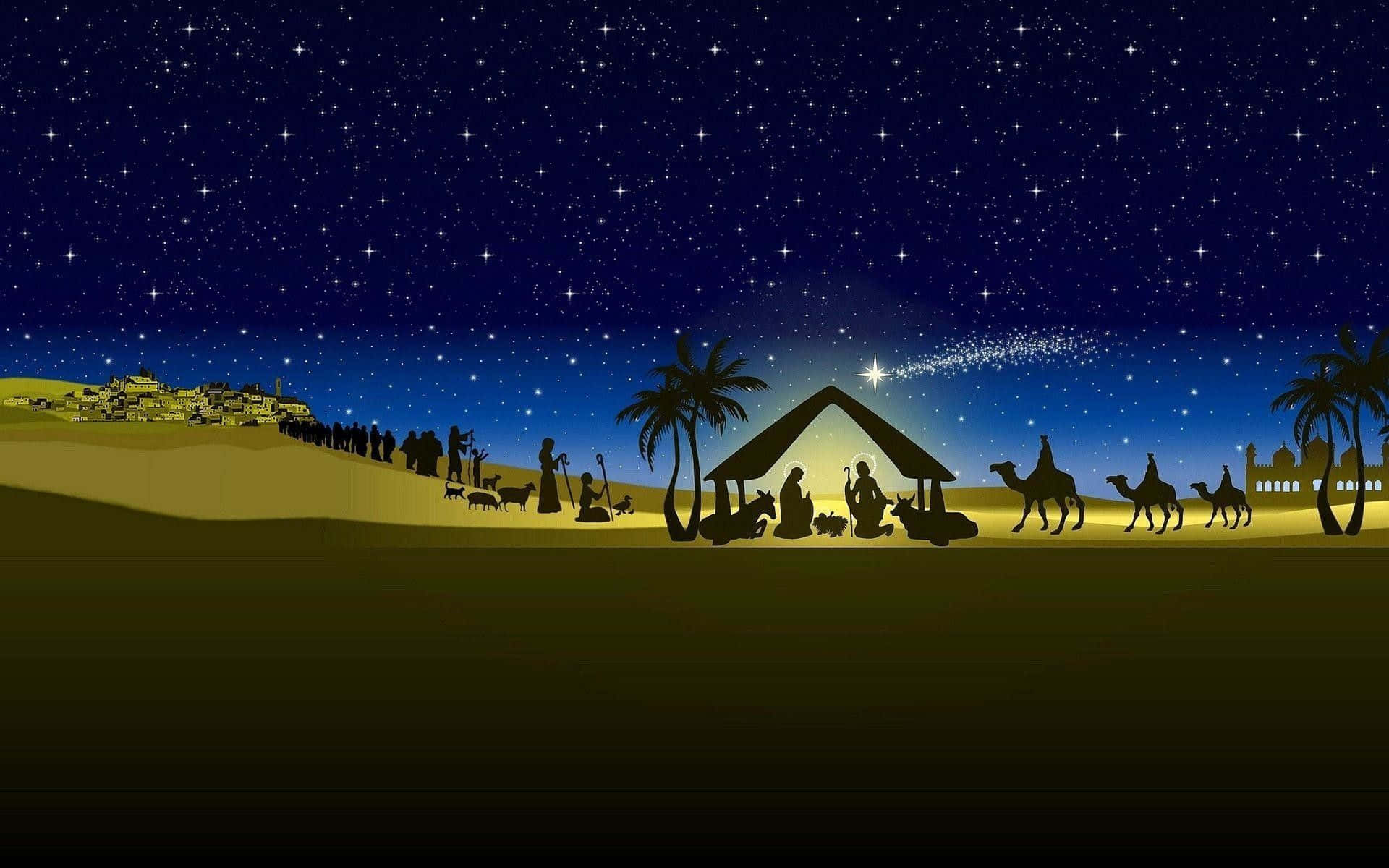 Christmas Nativity, shooting star, starry night sky, Full HD Desktop Wallpaper