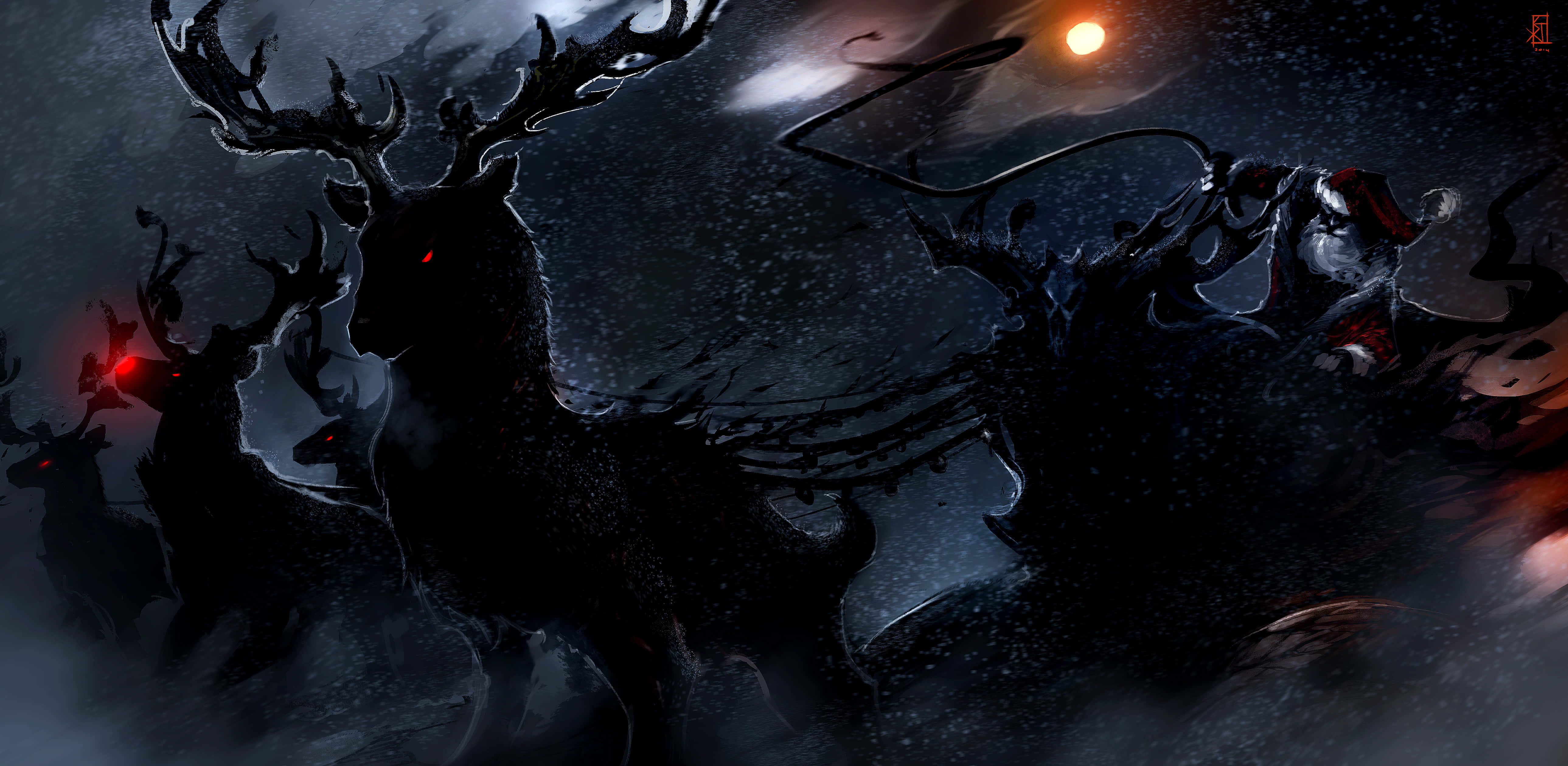 Christmas Night, glowing red eyes, snowy night, 5K Desktop Wallpaper